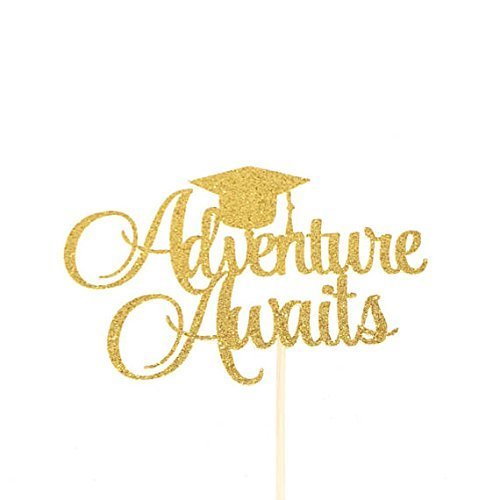 Adventure Awaits Graduation Cake Topper - Congrats Grad Cake Decorations for Graduation Party & Celebration - Perfect for Graduation Cakes, Cupcakes and Dessert Tables