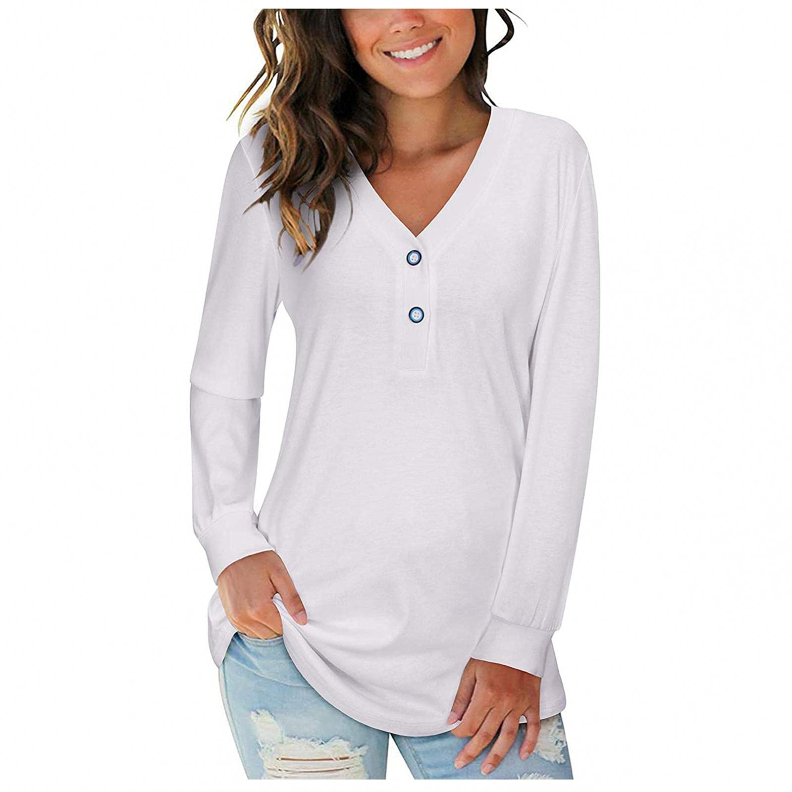 FABIURT Women's Casual Long Sleeve V-Neck Button Down Blouse - Loose Fit Comfortable Solid Color Tops for Everyday Wear, Office & Outings