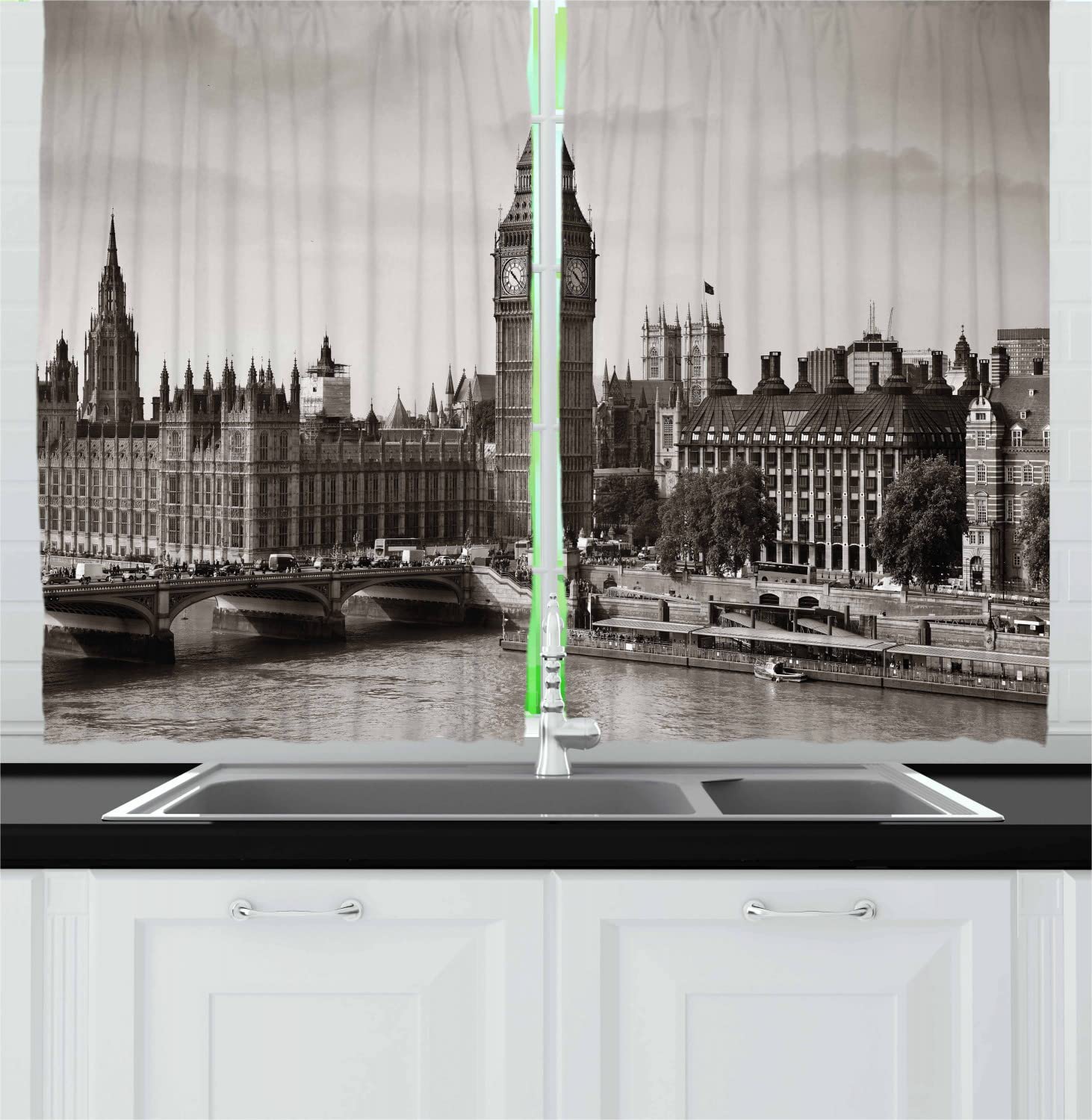 Ambesonne Vintage London Kitchen Curtains - Westminster Big Ben & Bridge British Antique Architecture Print, 2 Panel Rod Pocket Drapes 55x45 Inches, Sepia White - Perfect for Farmhouse, Cottage & Victorian Style Home Decor