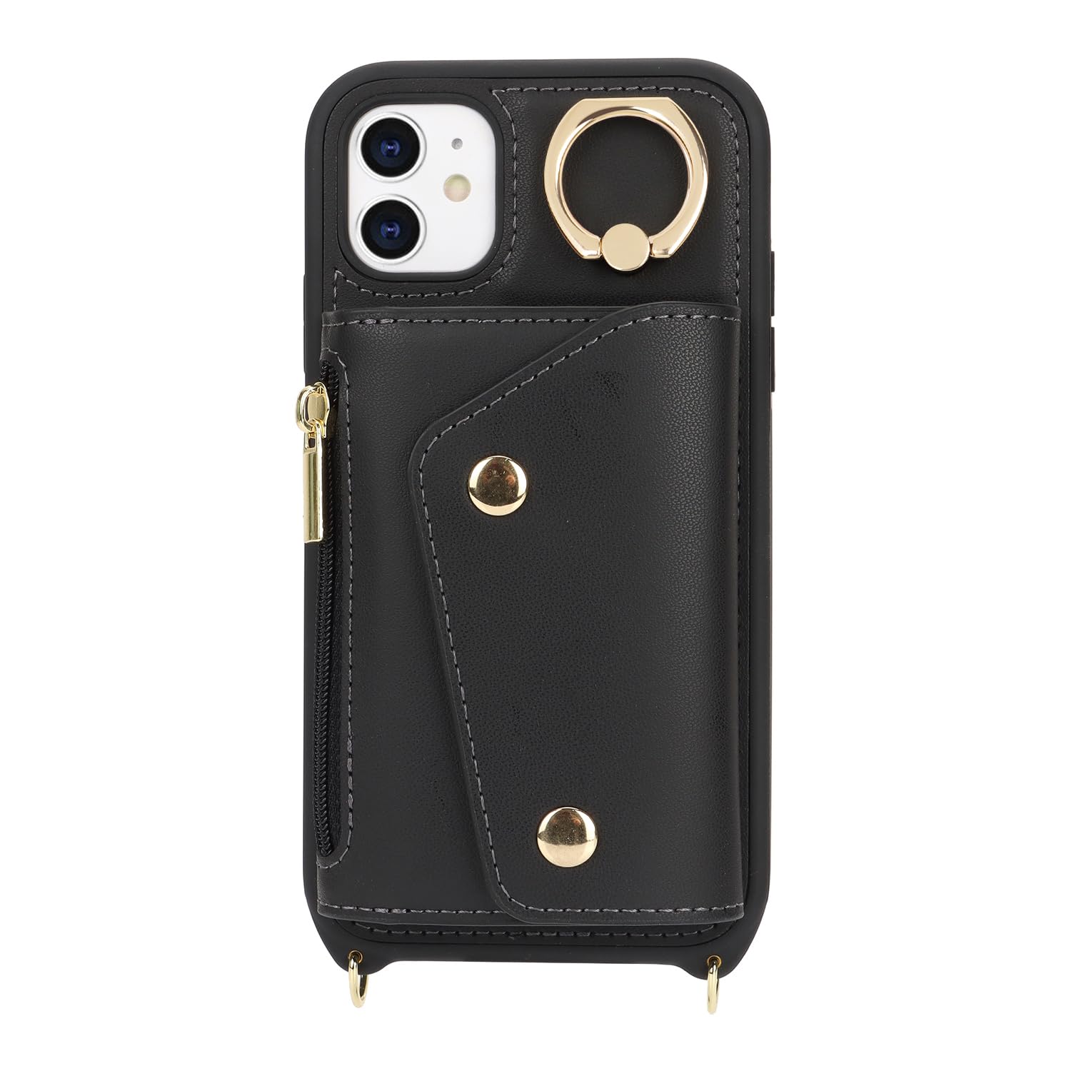 Premium iPhone 11 Wallet Case with Card Holder & Crossbody Strap - 6.1 Inch Protective Phone Cover with Zipper Pocket, Stand Ring & Lanyard - Stylish Black Women's Phone Wallet for Daily Use, Shopping & Travel