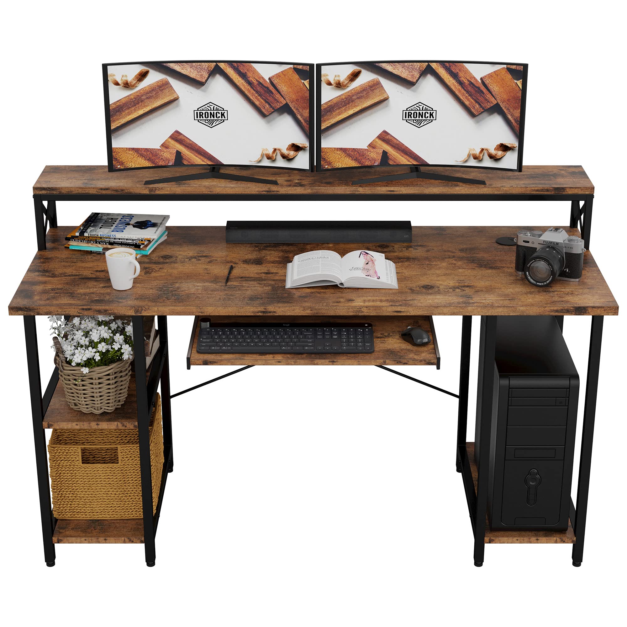 IRONCK 55 Inch Industrial Computer Desk with Monitor Shelf, Printer Stand & CPU Storage - Heavy Duty Office Desk for Home Office, Study, Writing & Workstation Setup
