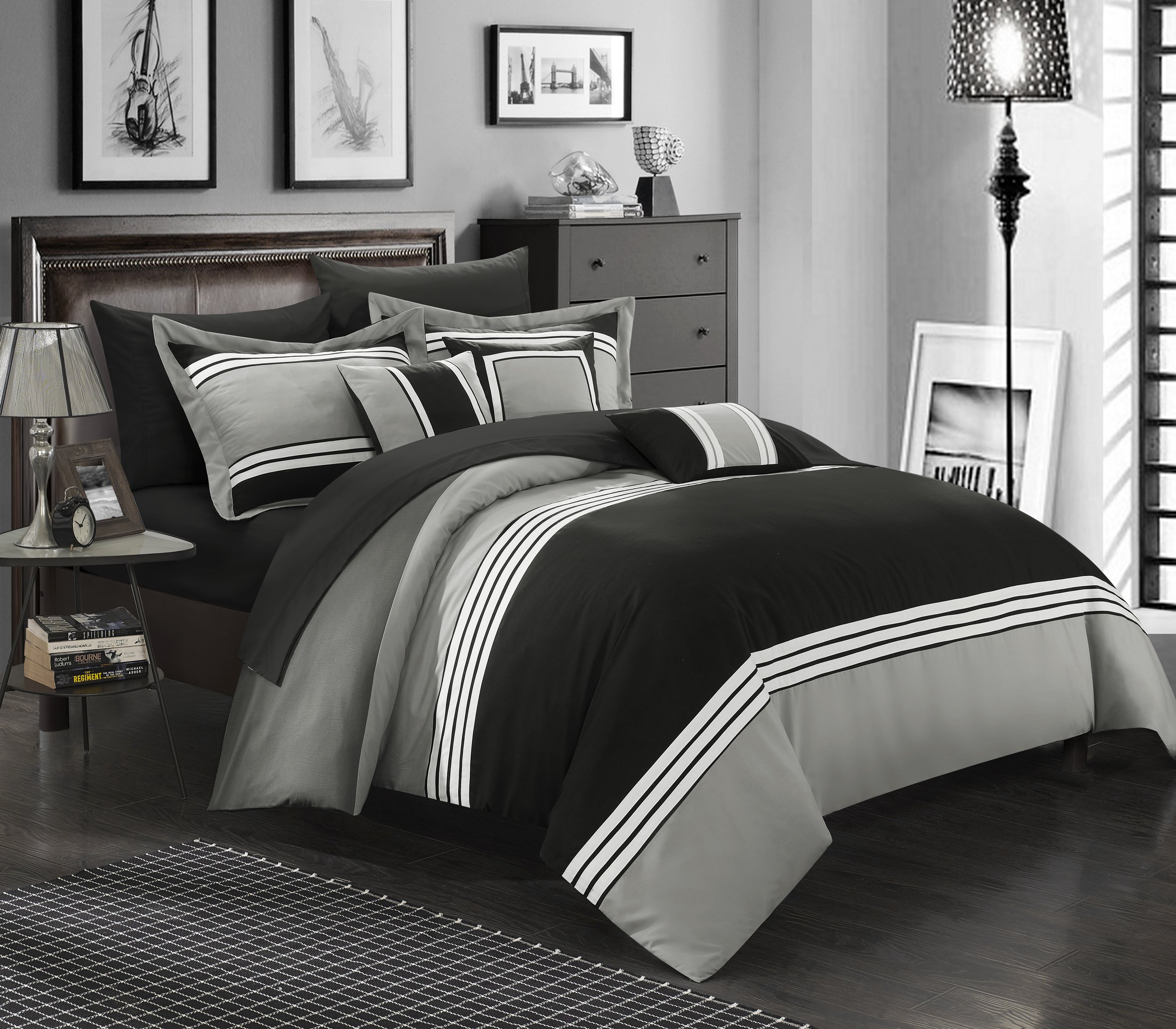 Chic Home 10-Piece Falcon King Size Comforter Set in Black - Luxury Bedding for Master Bedroom & Guest Room Decor
