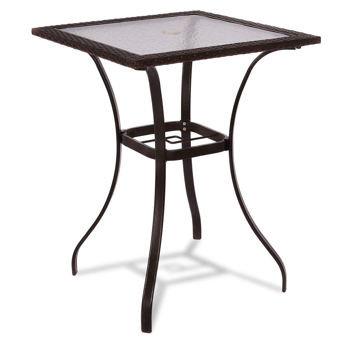 Rattan Bar Square Table with Glass Top & Steel Frame - Outdoor Bistro Table for Patio, Garden, Backyard - Perfect for Dining, Entertaining & Relaxing