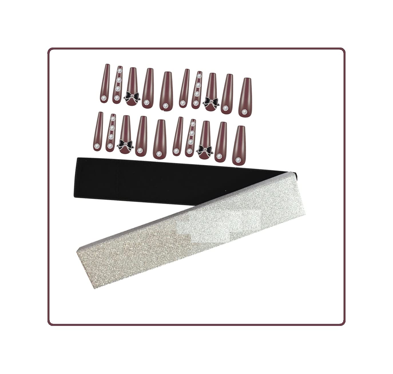 Personalized Burgundy Gloss Coffin Press-On Nails with Diamantes & Bow - 10pc Acrylic Ballerina Nail Set with Prep Kit & Extra Stones - Perfect for Parties, Weddings & Special Occasions