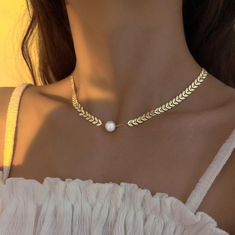 Wheat Leaf Pearl Choker Necklace - Elegant Chevron Design for Women | Perfect for Weddings, Parties & Special Occasions | HN1309