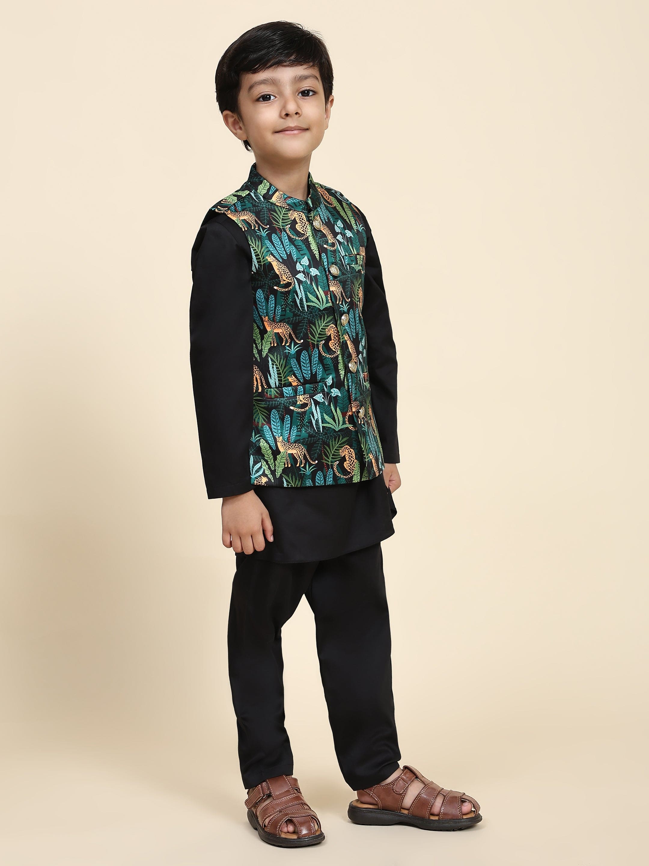 Pre-Order Black Leopard Print Satin Kurta Pajama Set for Men | Elegant Indian Ethnic Wear for Weddings & Festivals