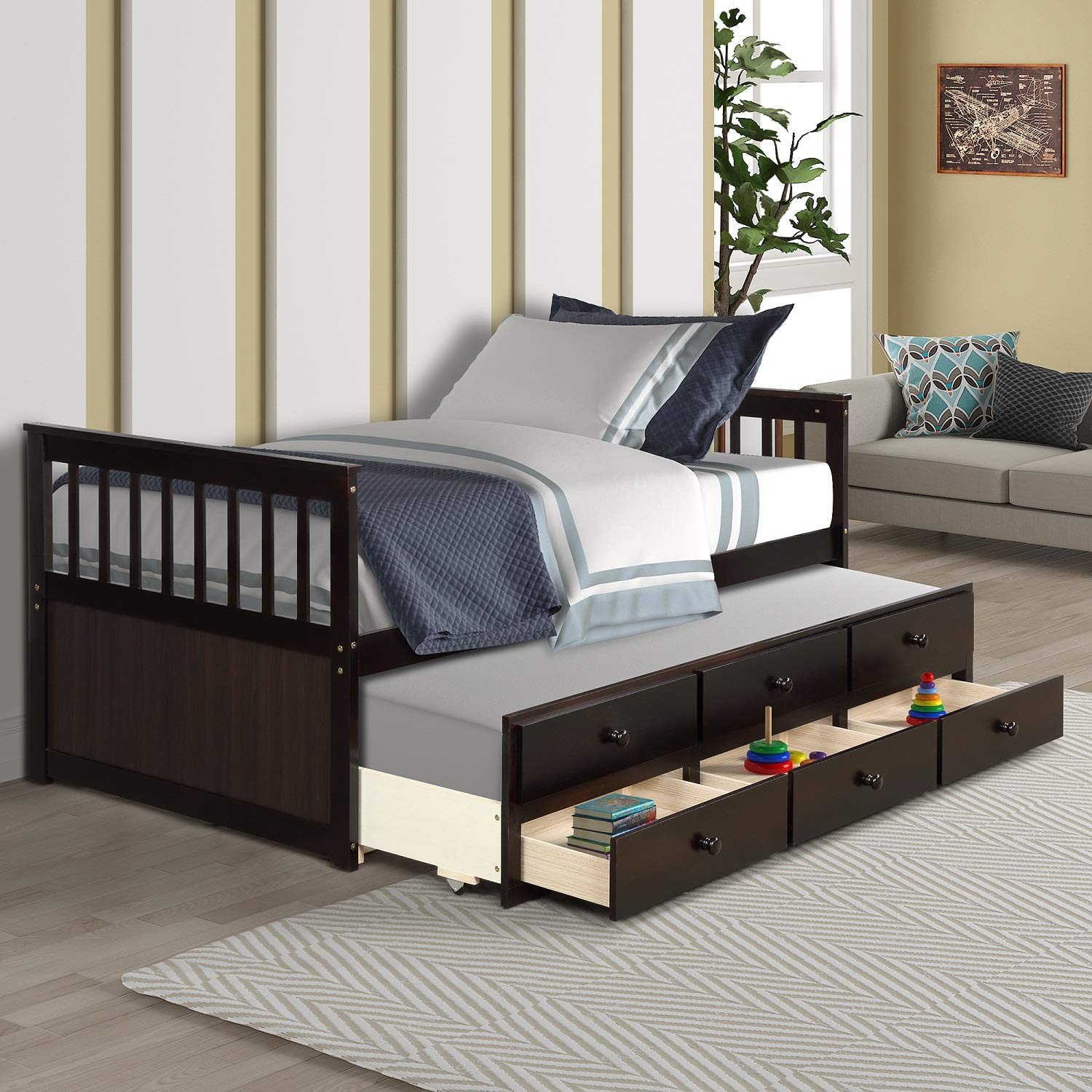 Danxee Wooden Captain's Bed with Storage Drawers & Trundle - Twin Size Daybed Platform Bed for Kids & Teens - Espresso Finish - Perfect for Small Bedrooms, Guest Rooms & Dormitories