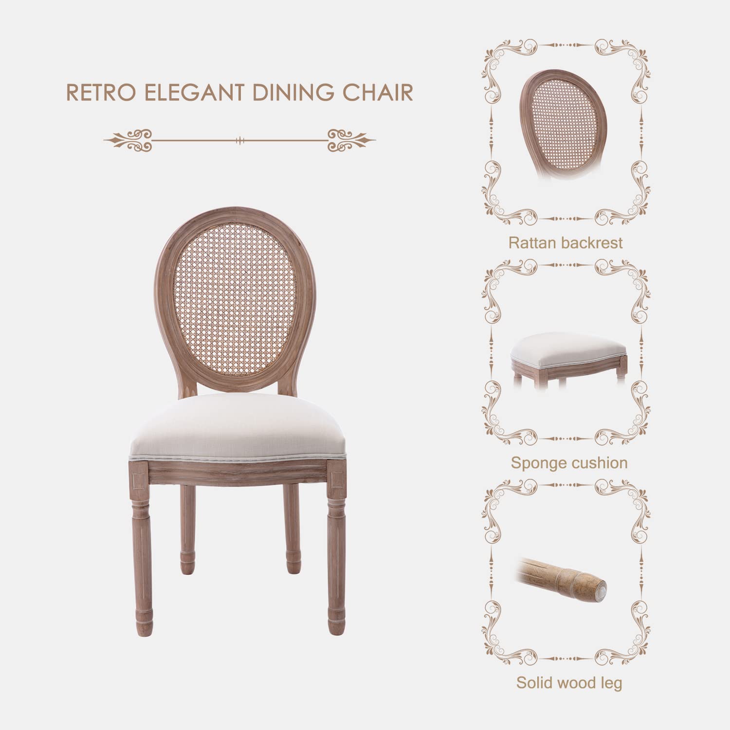 Kiztir French Country Dining Chairs Set of 4 - Farmhouse Style Upholstered Rattan Chairs with Round Backrest & Solid Wood Legs for Dining Room, Kitchen, Bedroom, Restaurant - Perfect for Farmhouse Decor, Casual Dining, and Entertaining Guests