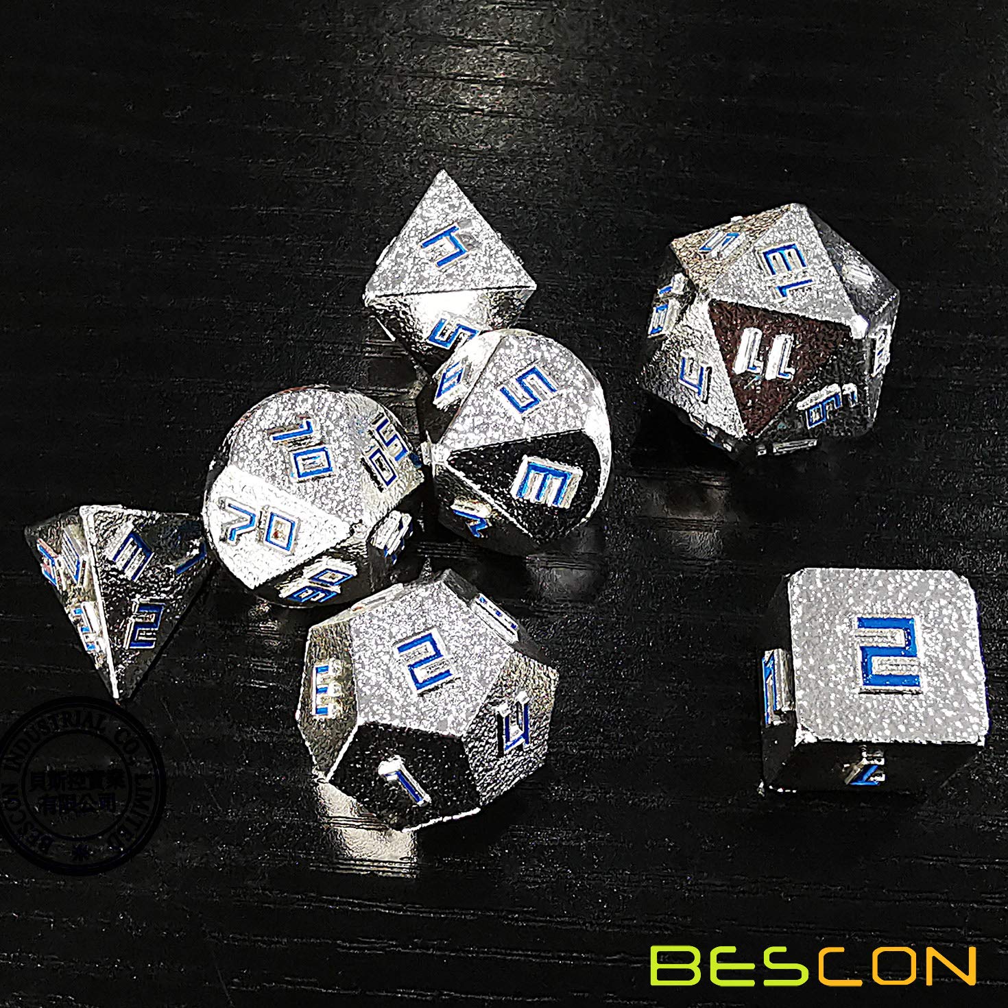 Bescon Shiny Silver-Ore Lode Solid Metal Dice Set - Premium Raw Metal Polyhedral D&D RPG 7-Piece Dice Collection for Tabletop Gaming, Dungeons & Dragons, and Role Playing Adventures