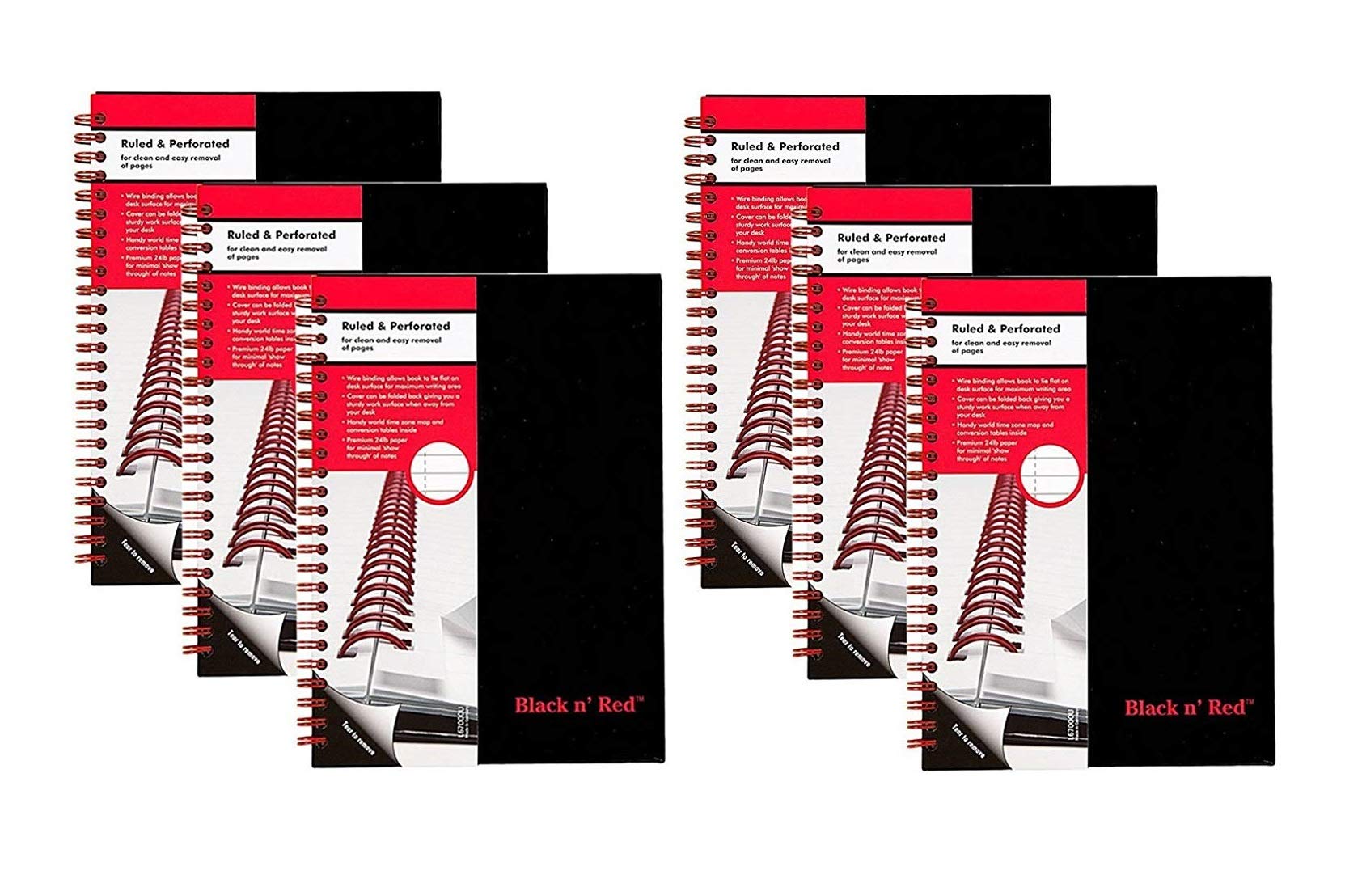 Premium Black n' Red Twin Spiral Hardcover Notebook - Medium Size, 70 Ruled Sheets, Pack of 6 (L67000) - Perfect for Office, School & Journaling