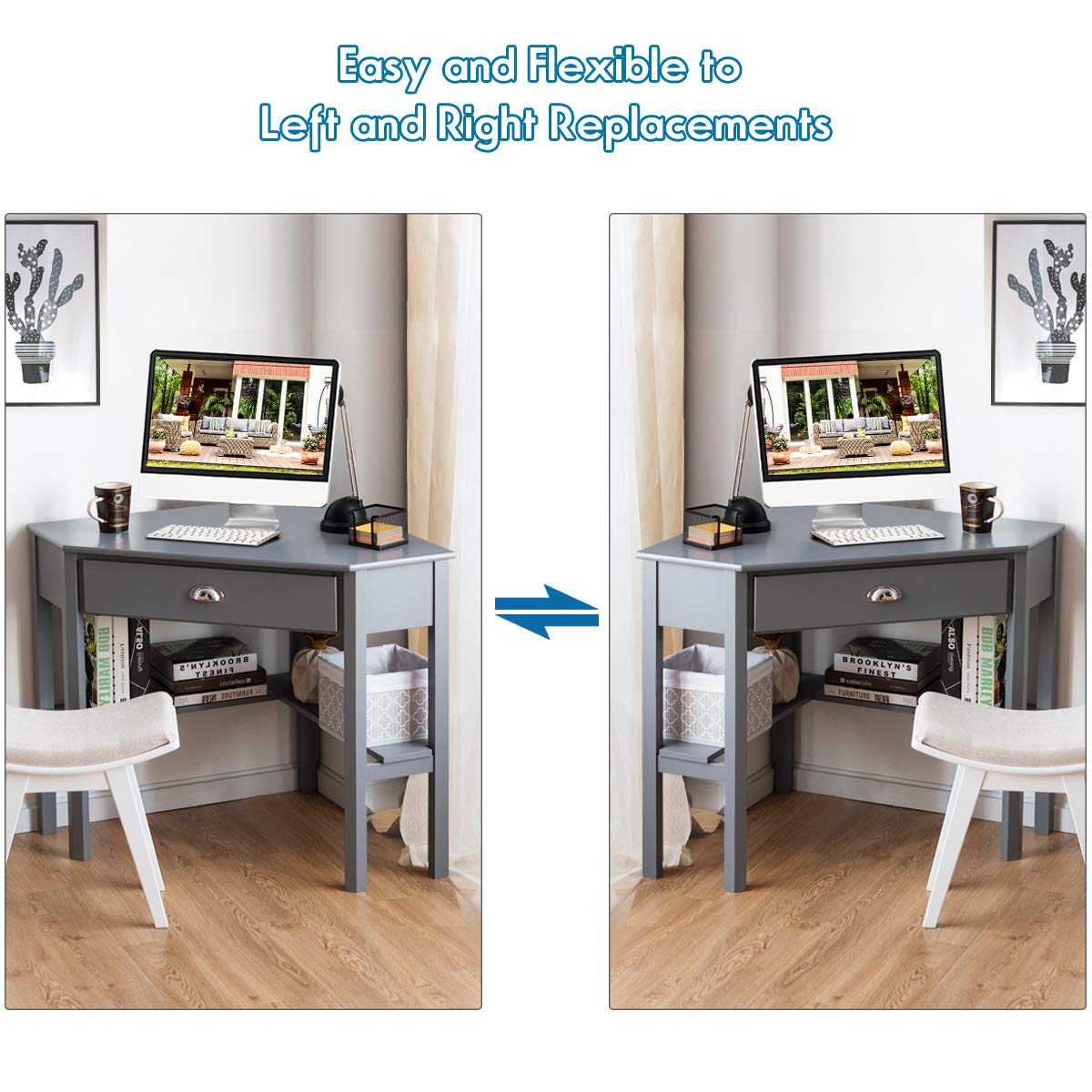 KOTEK Corner Desk with Drawer and Shelves - Wooden Home Office Desk, Triangle Computer Desk for Small Spaces, Writing Study Desk & Workstation, Makeup Vanity Table (Grey) - Perfect for Home Office, Gaming Setup, Dorm Room & Bedroom Workspace