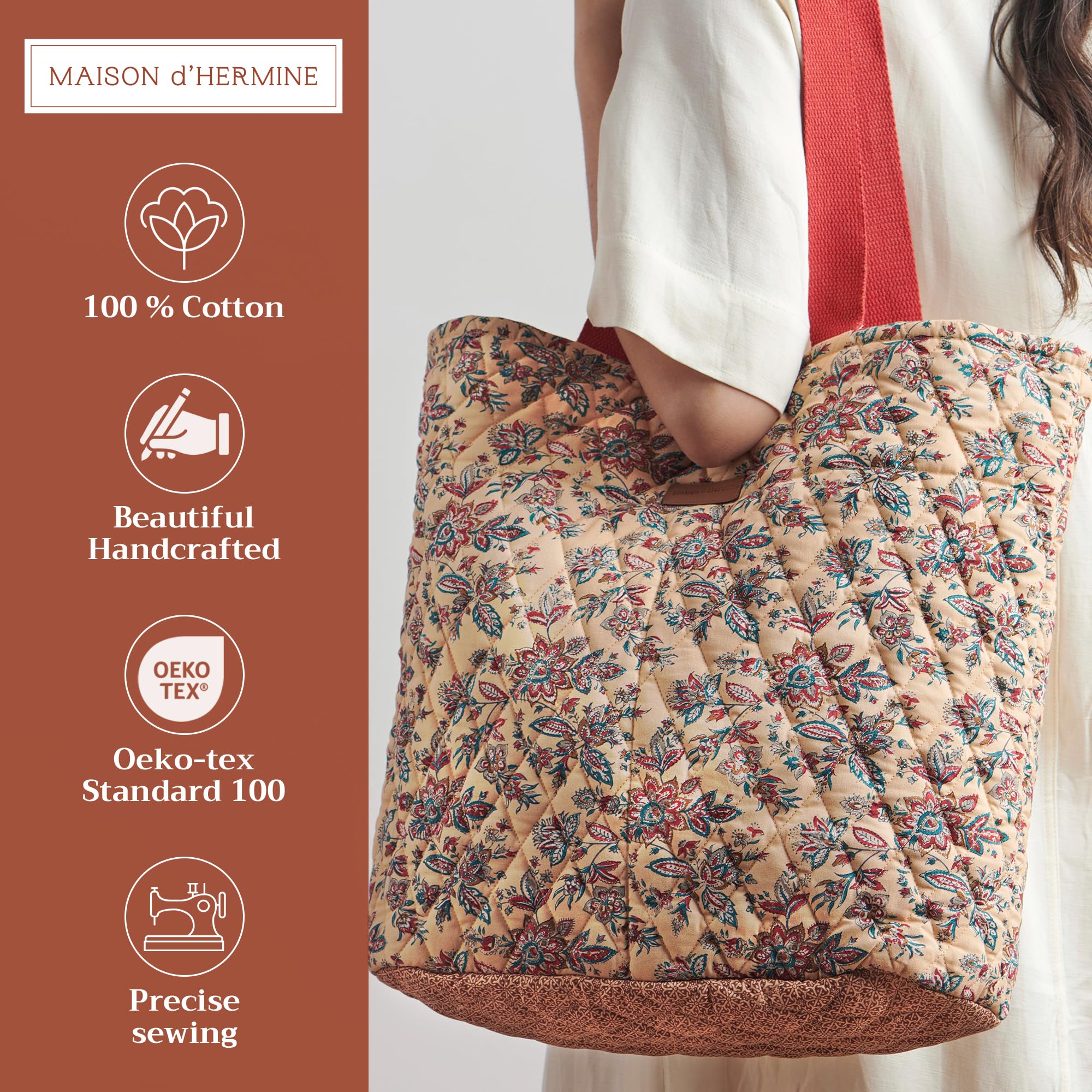 Maison d'Hermine Quilted Cotton Tote Bag with Zipper Pockets & Detachable Pouch - Stylish Shopping Bag for Work, Travel, Groceries & Lunch