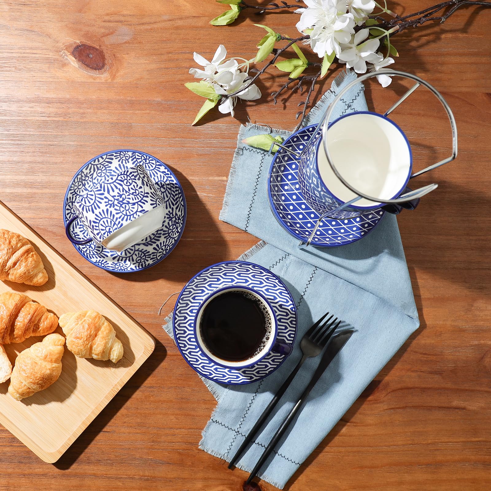 Selamica 8 oz Ceramic Cappuccino Cups with Saucers & Metal Stand - Stackable Espresso Coffee Mugs for Latte, Americano, Tea - Vintage Blue Coffee Cup Set of 4 - Perfect for Home, Cafe & Office Use