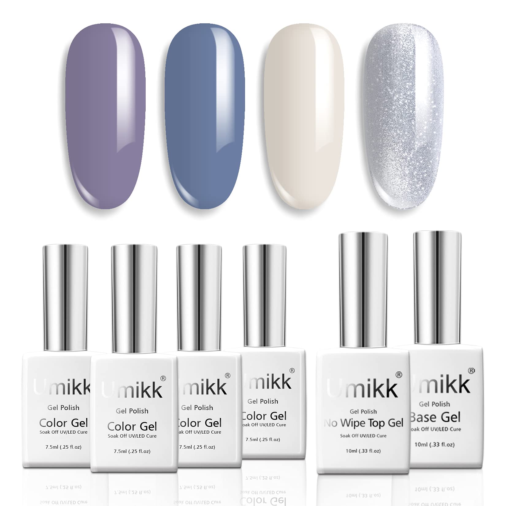 Umikk Gel Nail Polish Set - 6 Colors (Gray, Blue, Beige, Silvery) 7.5ml with Base & Top Coat 10ml - Soak Off UV LED Cured Nail Polish Kit for Home Manicure & Professional Salon Use - Perfect for Nail Art, French Tips & DIY Nail Designs