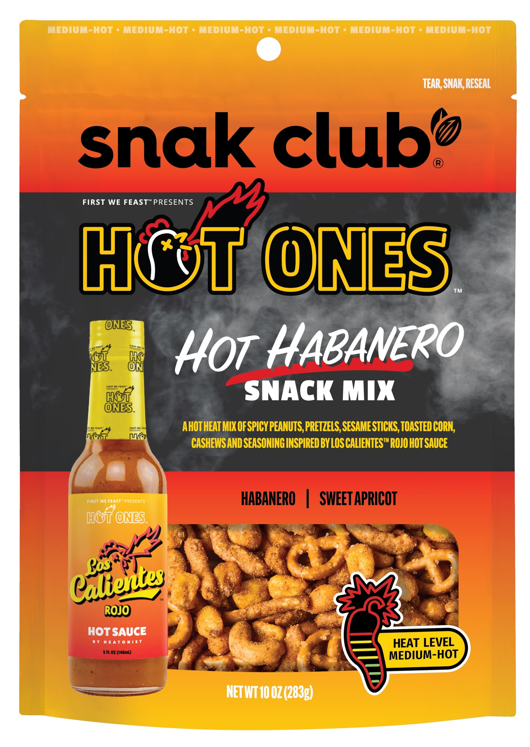 Hot Habanero Snack Mix by Snak Club x Hot Ones - Spicy Peanuts, Pretzels, Sesame Sticks, Toasted Corn & Cashews - 10 oz Bag - Perfect for Parties, Game Nights & Spicy Food Lovers