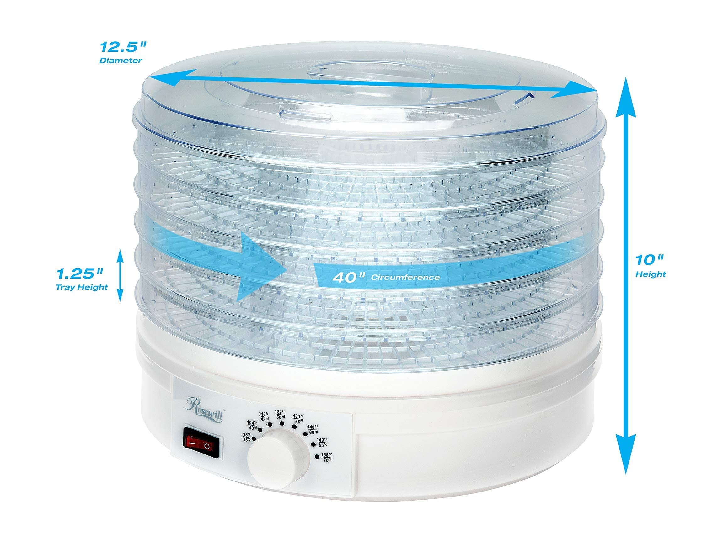 Rosewill 5-Tray Food Dehydrator Machine - Electric Fruit & Vegetable Dryer with Adjustable Thermostat, BPA-Free, Portable Design (Clear/White) - Perfect for Making Healthy Snacks, Jerky, Herbs & Dried Fruits at Home