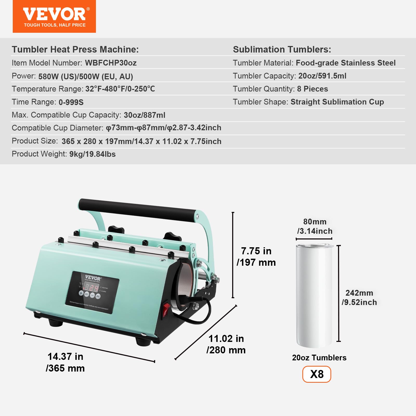 VEVOR 20OZ Tumbler Heat Press Machine & Sublimation Kit - 8pcs Stainless Steel Blank Tumblers, Mug Press for 11-30oz Cups - Includes Heat Transfer Paper, Gloves & Tape - Perfect for DIY Custom Tumblers, Personalized Gifts & Small Business Printing
