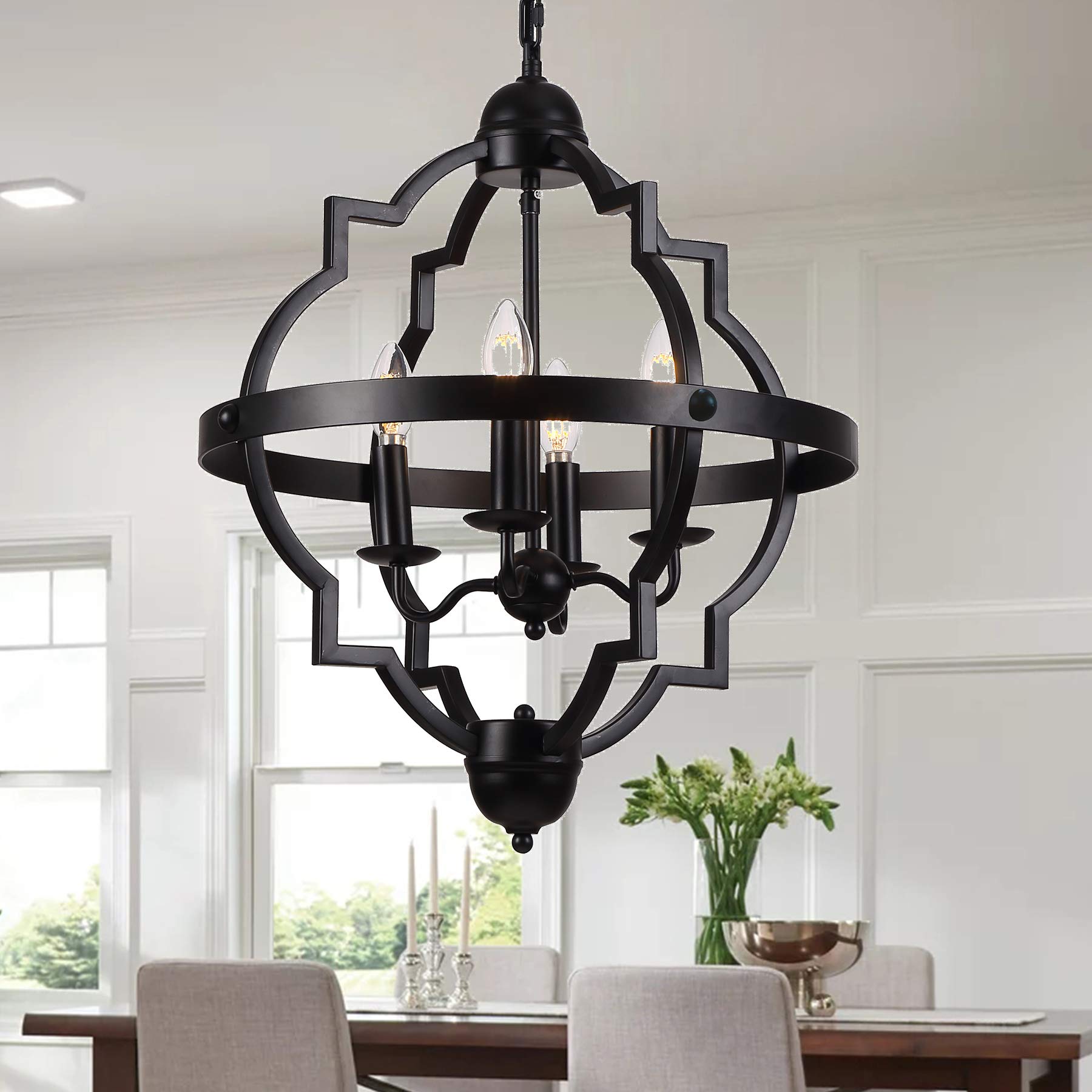 4-Light Orb Chandelier - Rustic Farmhouse Industrial Black Metal Pendant Light Fixture for Bedroom, Foyer, Dining Room, Living Room & Kitchen | Modern Ceiling Lighting for Home Decor