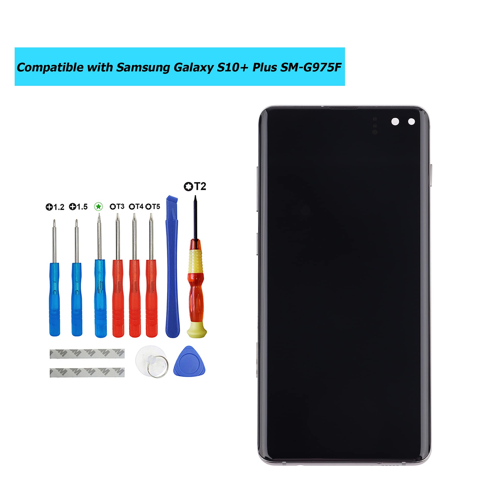 Samsung Galaxy S10+ Plus AMOLED LCD Touch Screen Display Replacement - Compatible with SM-G975F SM-G975U SM-G975W Models - Black Frame with Tools - Perfect for DIY Phone Repair & Screen Replacement