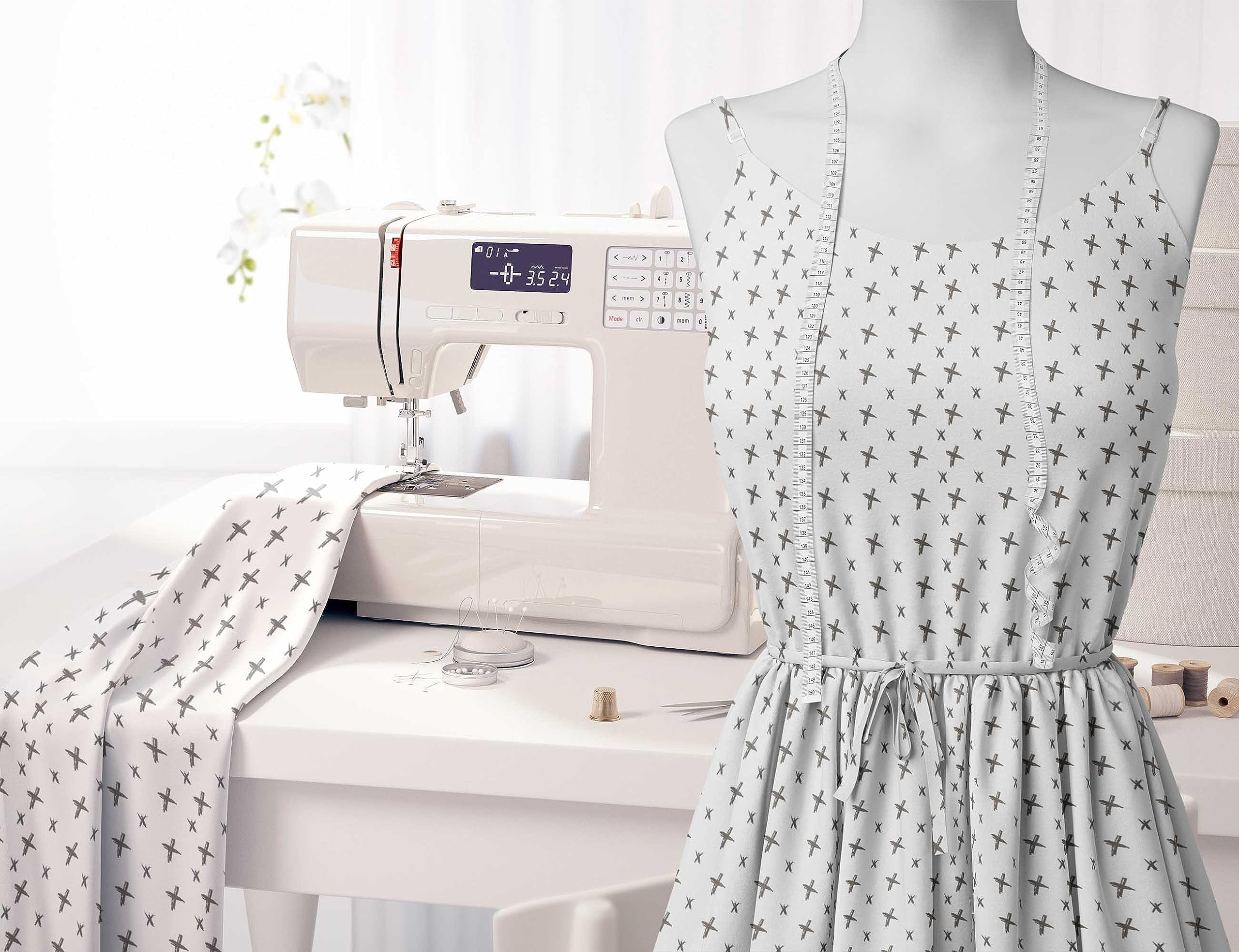 Soimoi Moss Georgette White Fabric by The Yard - 42 Inch Wide Cross Geometric Printed Textile for Fashion Dresses, Curtains & Home Decor | Lightweight Flowy Material for DIY Sewing Projects & Bohemian Style Decorations