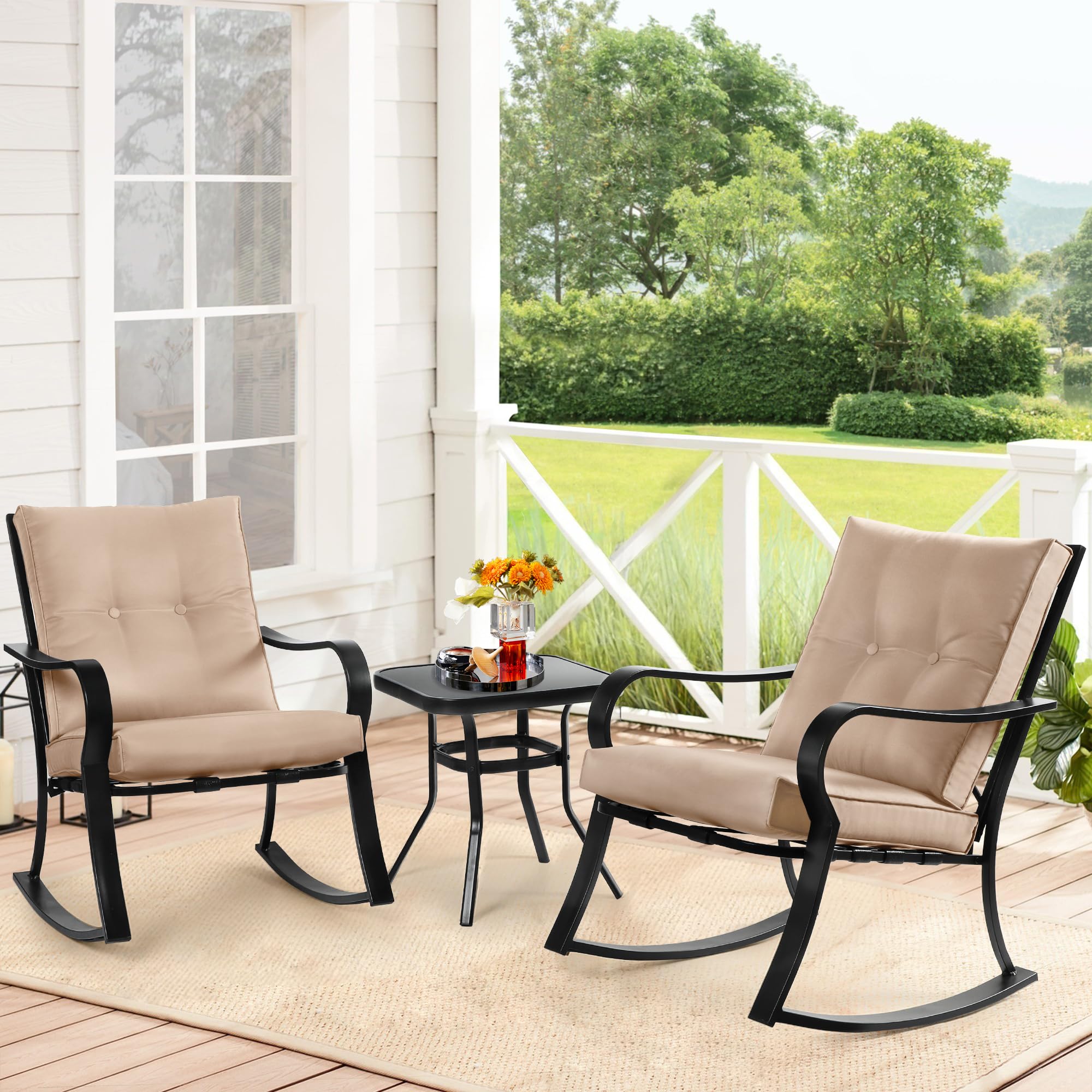 SOLAURA 3-Piece Outdoor Rocking Chair Set with Cushions - Black Iron Patio Bistro Furniture with Glass-Top Coffee Table - Perfect for Garden, Porch & Backyard Relaxation