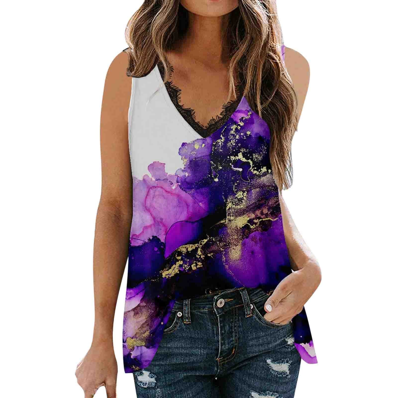 Women's Summer Sleeveless Floral Printed V-Neck Lace Tank Tops - Casual Vest T-Shirts for Women - Perfect for Beach, Vacation & Everyday Wear