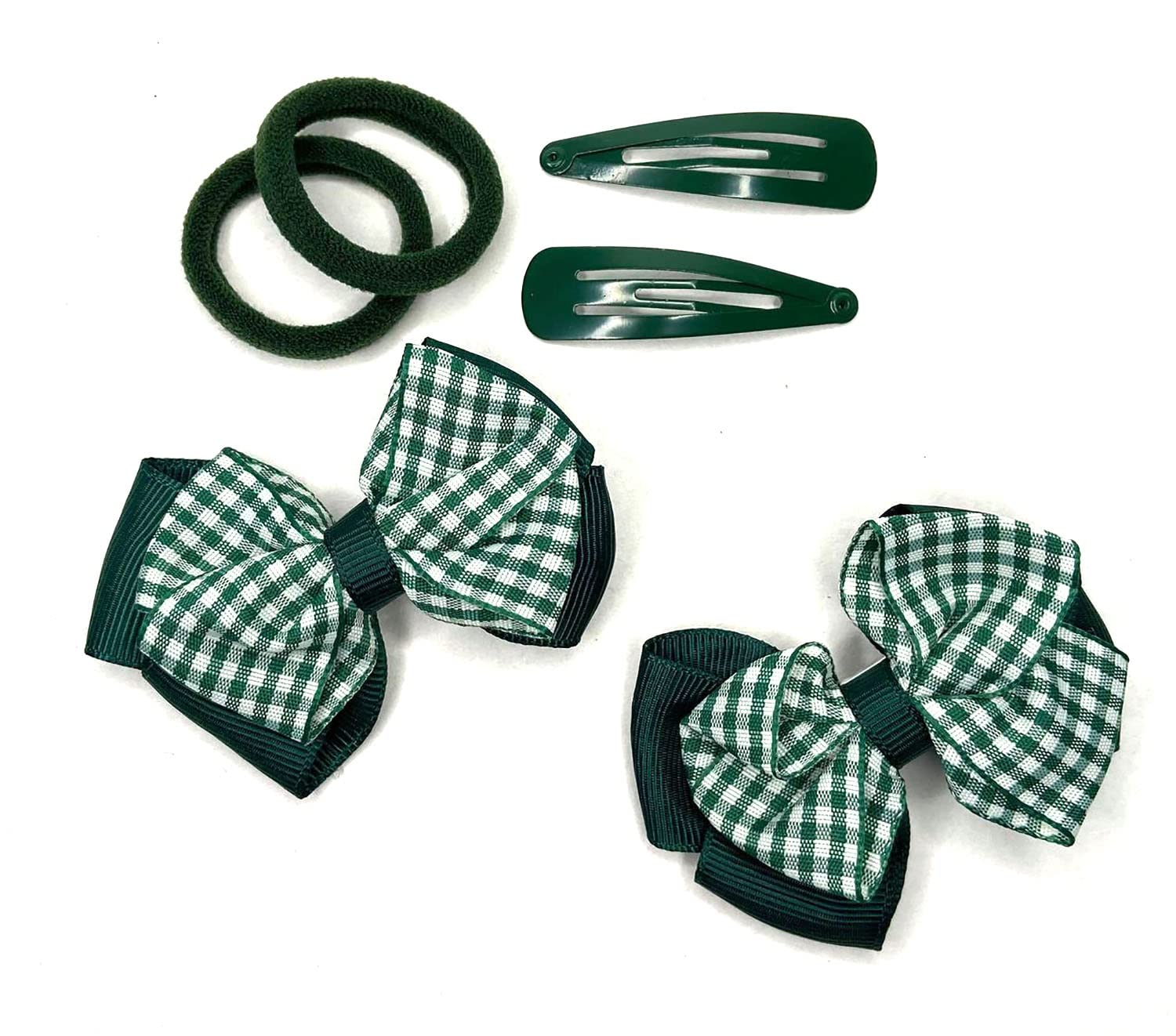 6-Piece Girls Hair Accessory Set - School Hair Clips, Bobbles, Bendies & Bows (Bottle Green Gingham) - Perfect for School, Parties & Everyday Styling
