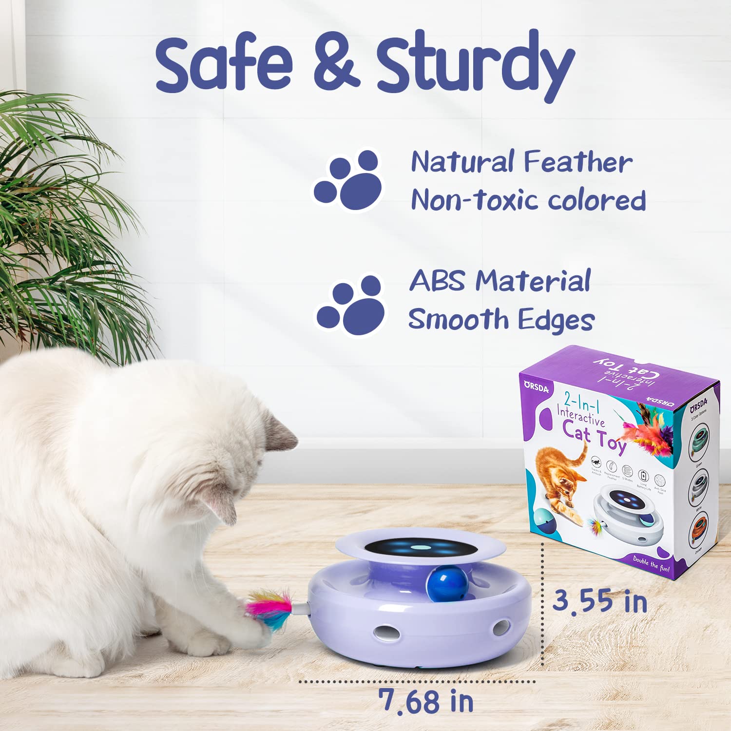 ORSDA 2-in-1 Interactive Cat Toys with 7 Attachments - Automatic Moving Ball & Feather Toy for Indoor Cats - Adjustable Speed, Dual Power (Battery/USB) - Great for Exercise & Playtime - Perfect Gift for Kitten & Adult Cats
