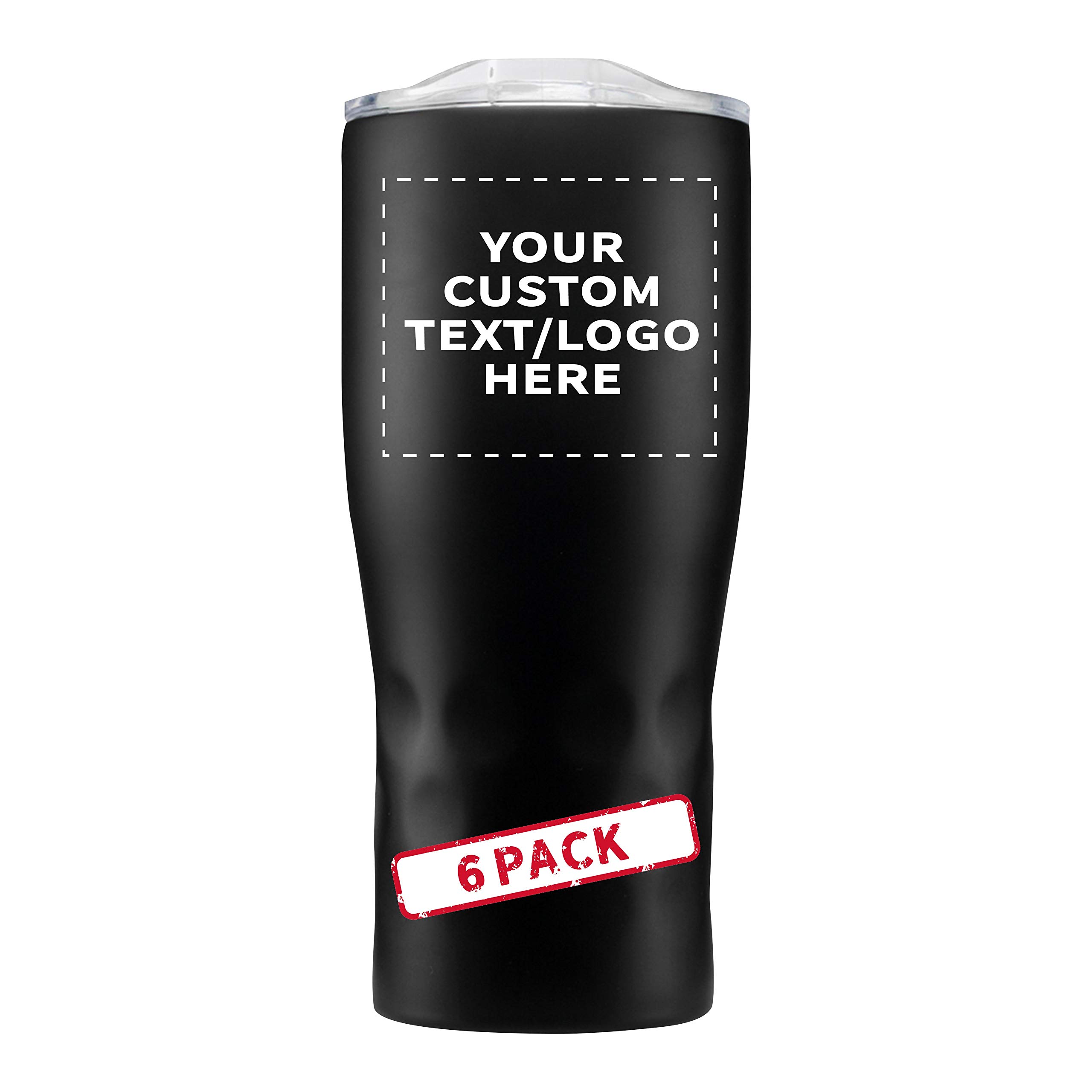 Personalized 25 oz Stainless Steel Tumblers with Huckleberry Grip - 6 Pack Custom Engraved Cups for Name, Logo - Black Insulated Travel Mug for Coffee, Tea, Camping & Office Use