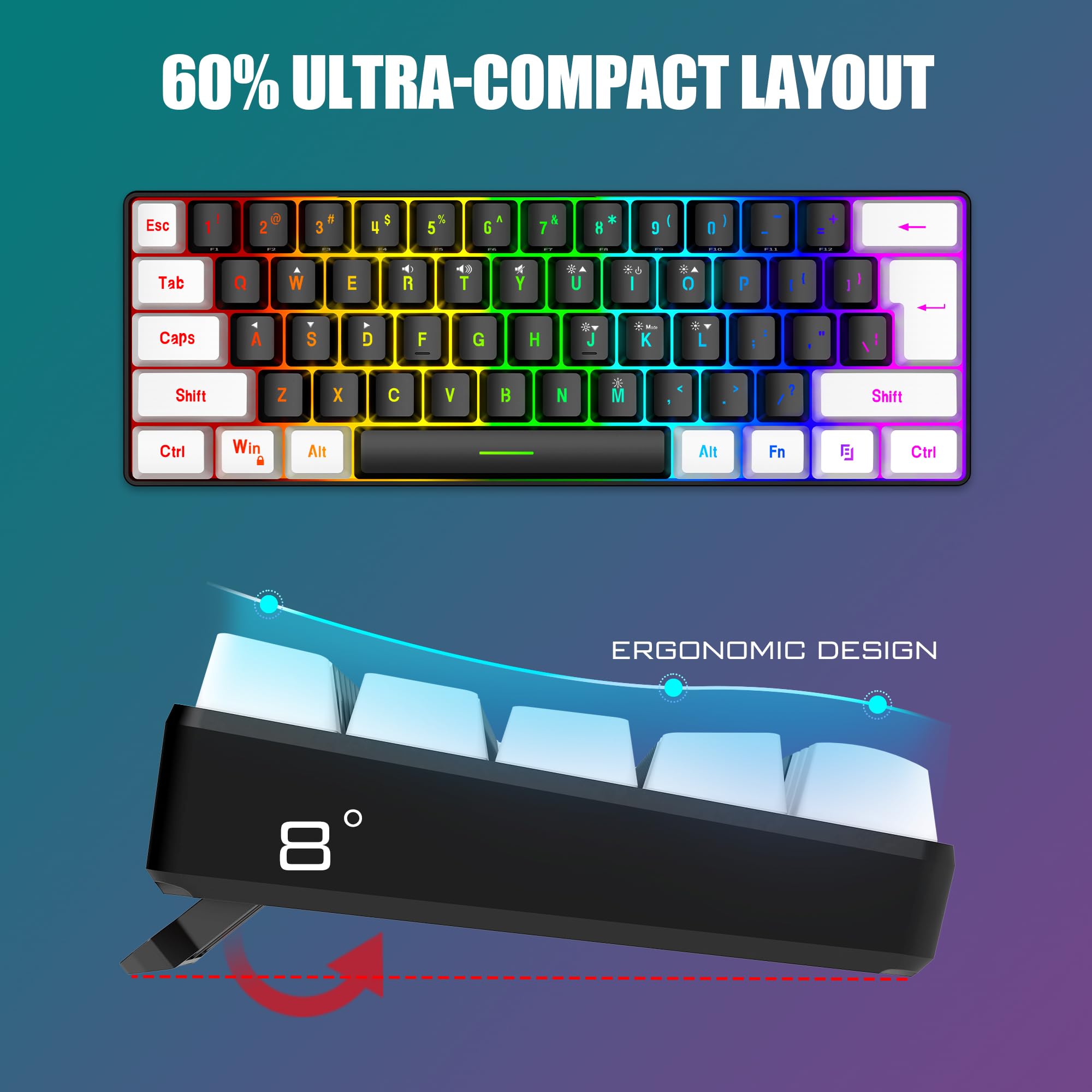 RedThunder 60% Mechanical Gaming Keyboard and Mouse Combo - 61-Key RGB Backlit Compact Keyboard with 7200 DPI Honeycomb Optical Mouse - Wired RGB Gaming Set for PC, PS5, Xbox (Black-White) - Perfect for Esports, Streaming & Office Work