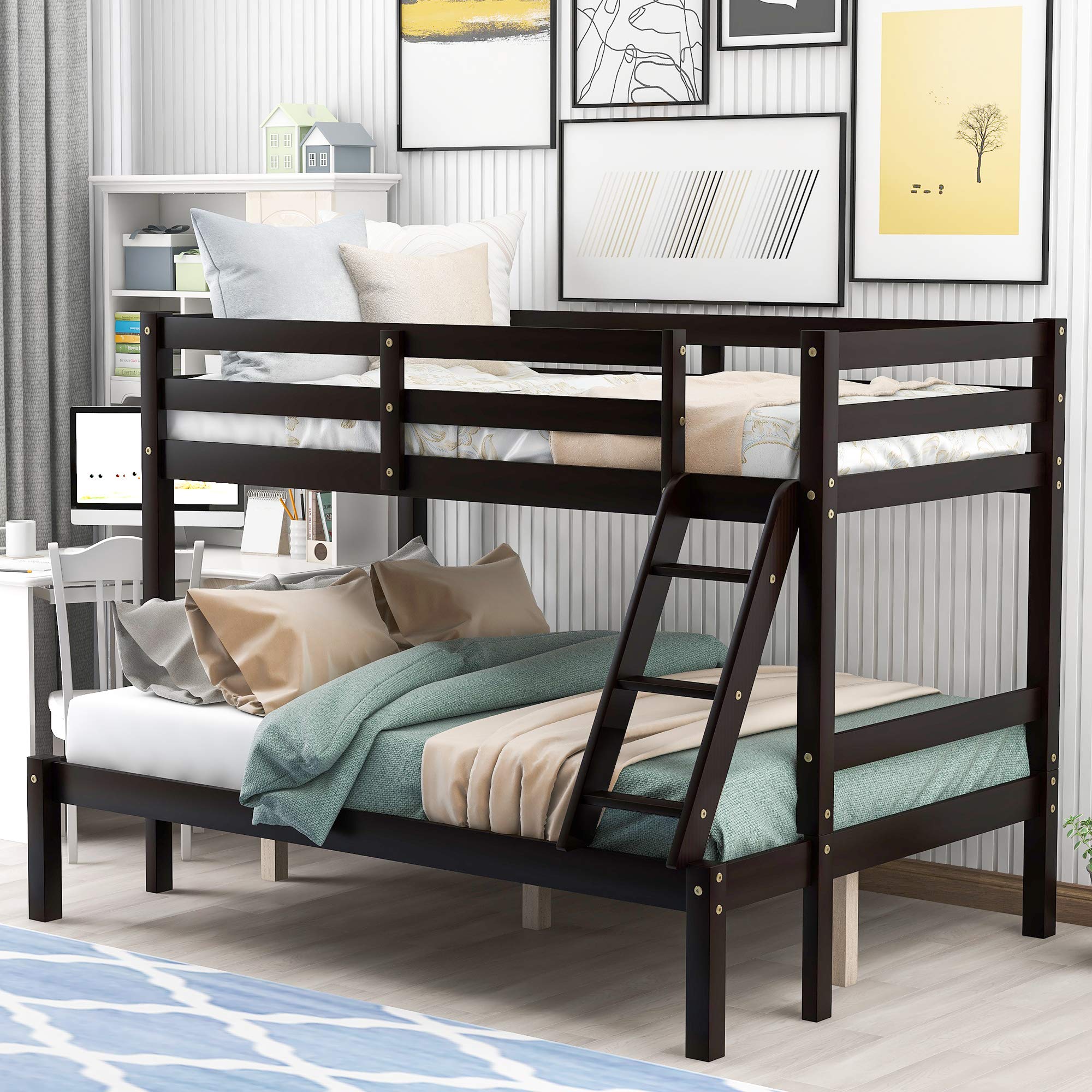 Merax Solid Wood Bunk Bed Frame Twin/Full - No Box Spring Needed with Ladder & Safety Rail for Kids Bedroom