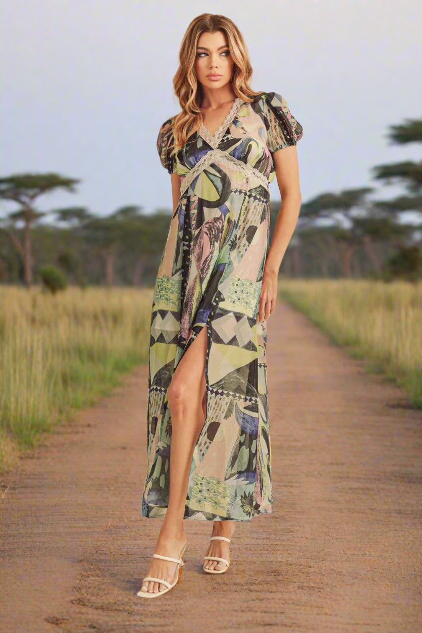 Elegant Lace Detail Slit Geometric Print Short Sleeve Resort Maxi Dress for Women - Perfect for Beach Vacations, Summer Parties & Boho Weddings