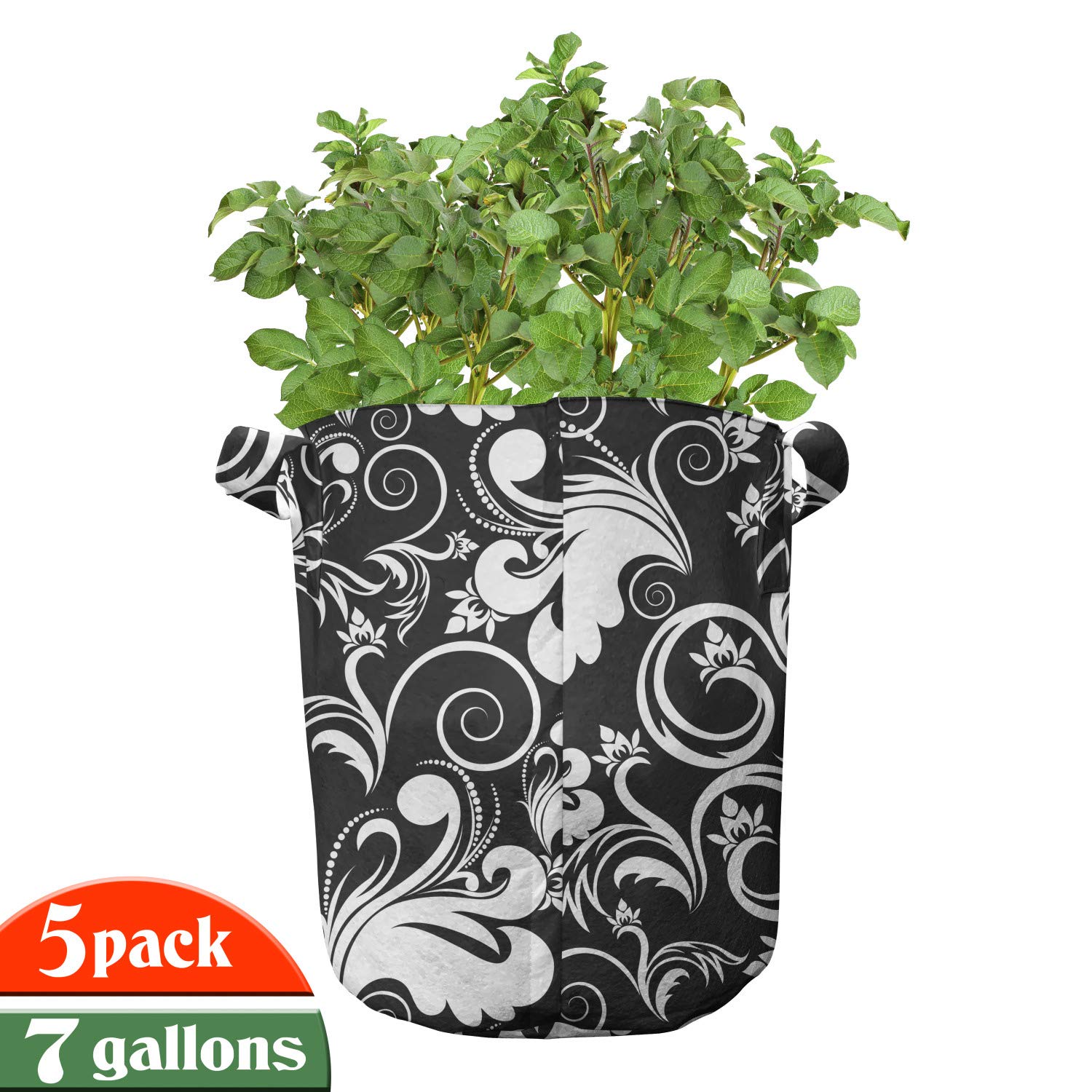 Lunarable 7 Gallon Flower Grow Bags 5-Pack - Heavy Duty Fabric Pots with Handles for Plants, Black & White Foliage with Curlicue Spiral Design - Perfect for Indoor/Outdoor Gardening, Vegetables, Herbs & Flowers