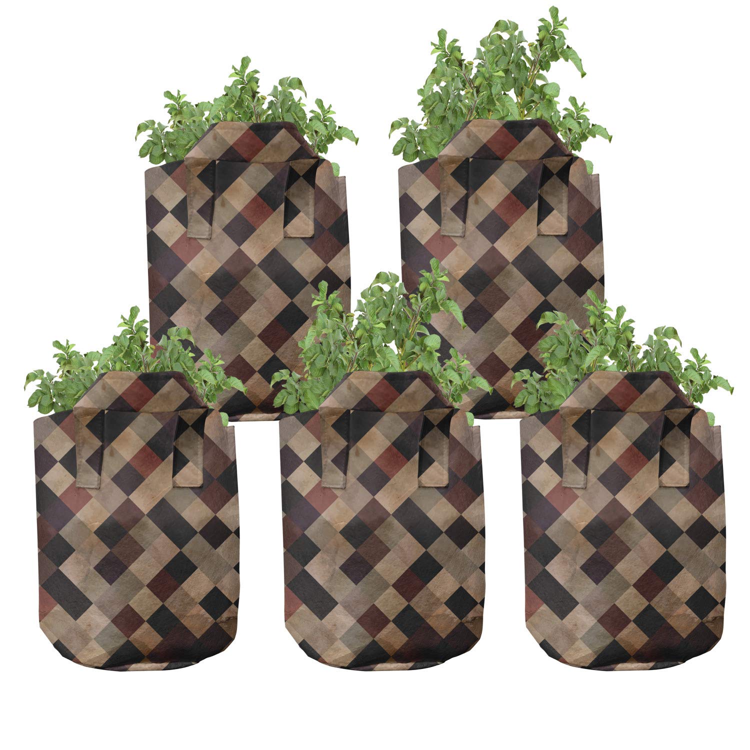 Ambesonne 5-Pack Heavy Duty 7 Gallon Fabric Grow Bags with Handles - Antique Brown Grid Design Plant Pots for Indoor/Outdoor Gardening, Vegetables, Flowers & Herbs