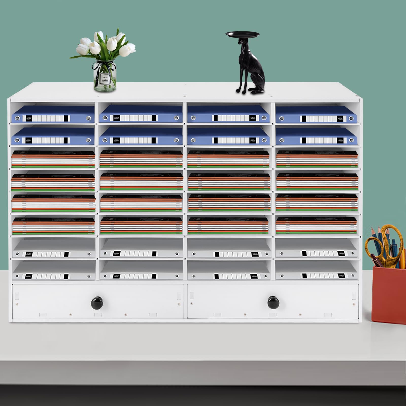 32-Compartment Desktop Literature Organizer with 2 Drawers - Mail Sorter, File Cabinet & Paper Storage System for Office, School & Home - Perfect for Organizing Documents, Letters & Office Supplies (White)