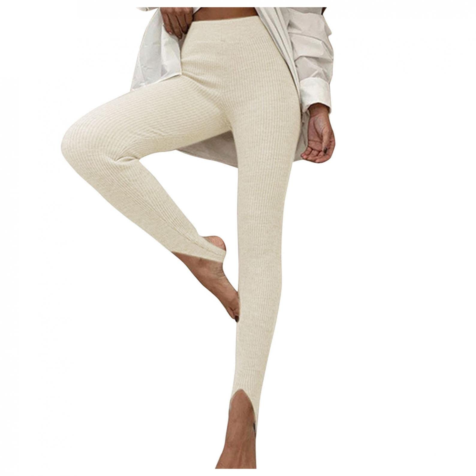 IGETELY Women's Stirrup Leggings - High Waist Tummy Control Yoga Pants with Foot Straps for Gym, Workout & Running | Comfortable Beige Fitness Leggings for Yoga, Pilates & Daily Wear