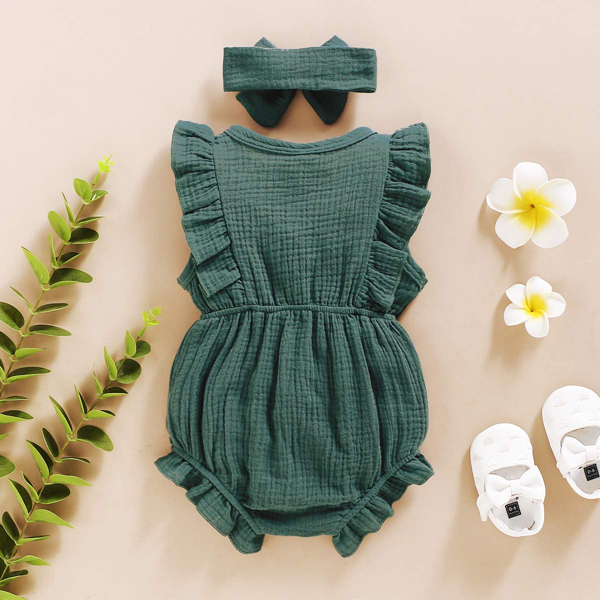 YOUNGER TREE Toddler Baby Girl Ruffled Sleeveless Romper - Soft Cotton Linen Summer Jumpsuit for Girls 1-3 Years | Perfect for Playdates, Beach Outings & Family Photos