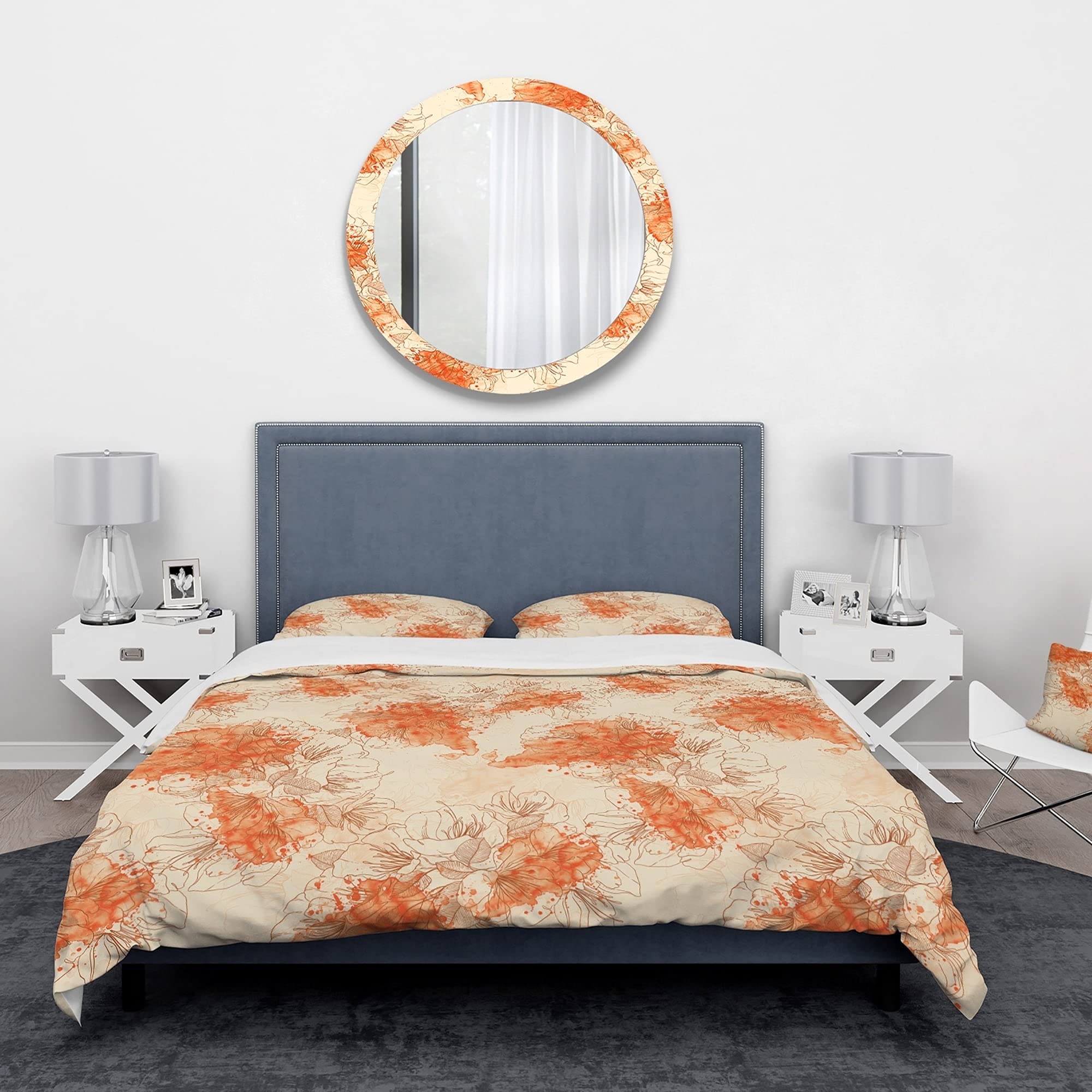 Designart Hand-Painted Asian Floral Duvet Cover Set - King Size Orange Watercolor Flower Bedding with 2 Shams | Boho Chic Home Decor for Master Bedroom & Guest Room