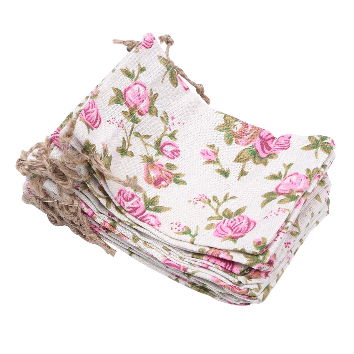 EXCEART 16-Piece Rose Print Drawstring Burlap Bags - Reusable Linen Storage Pouches with Double Drawstrings for Wedding Favors, Party Decor & Gift Packaging | Perfect for Bridal Showers, Baby Showers & Home Organization