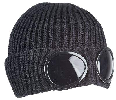 BIGFOOT Winter Beanie Hat with Goggles - Ribbed Knit Cuff Unisex Black Skiing Snowboarding Outdoor Activities
