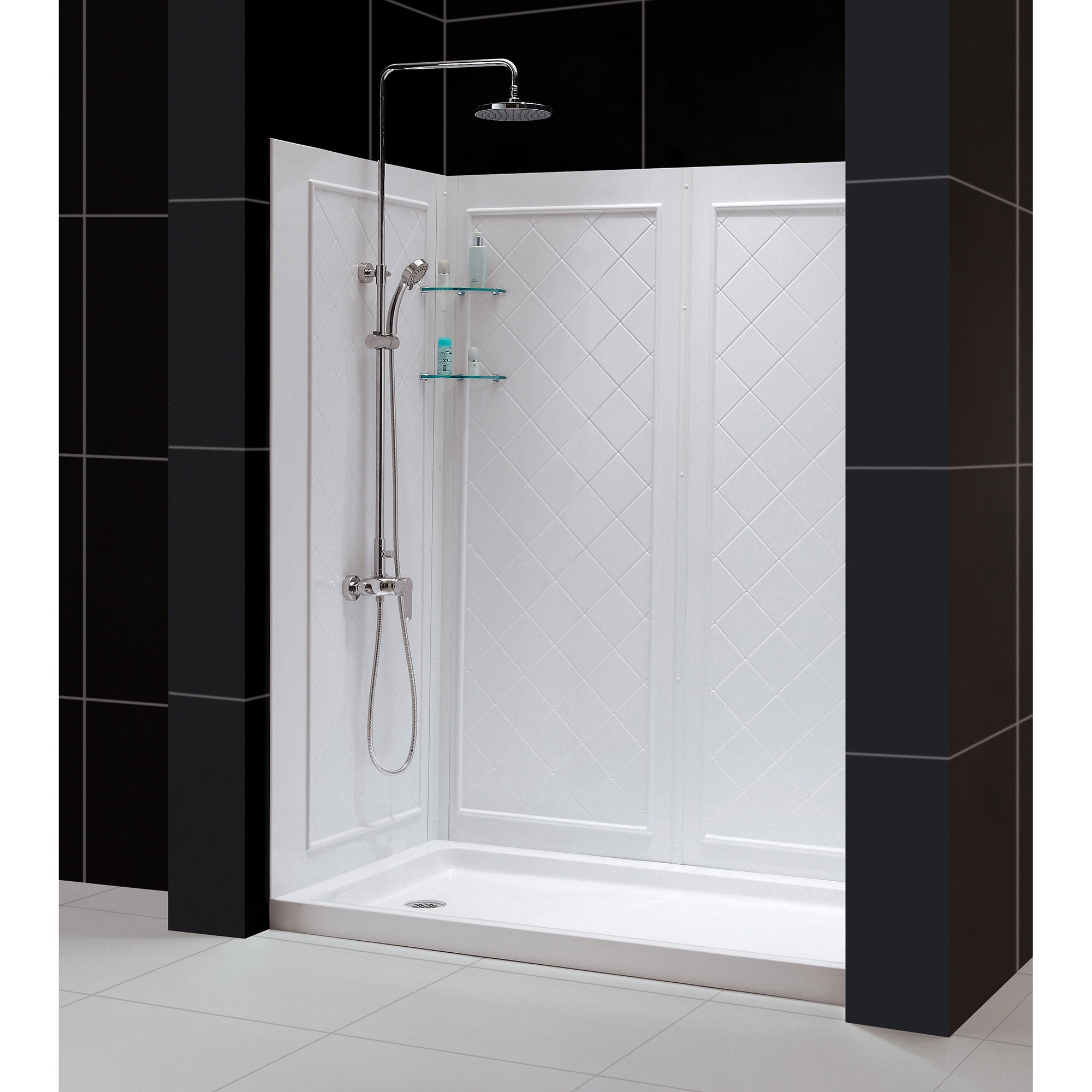DreamLine 30x60x76.75 Inch SlimLine Single Threshold Shower Base with QWALL 5 Acrylic Backwall Kit - Space Saving Bathroom Solution for Small Homes & Apartments