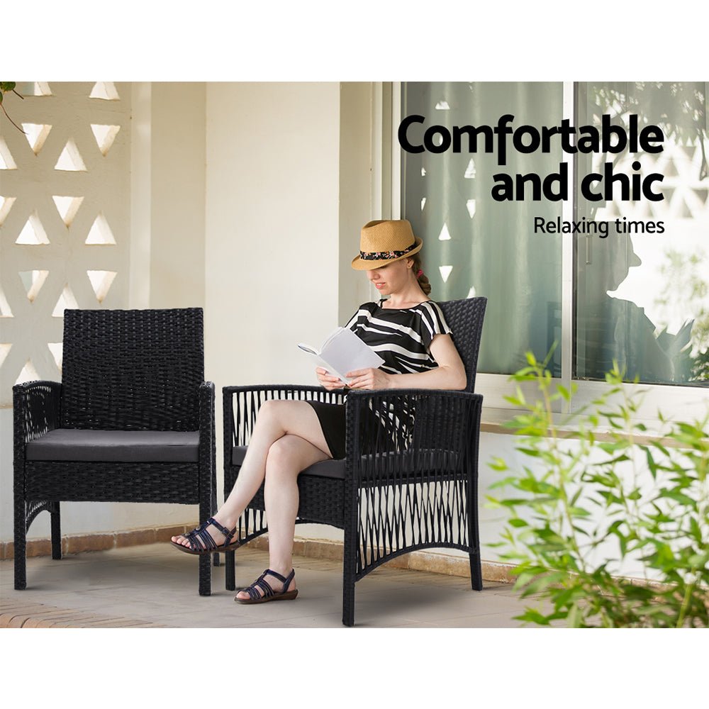 3-Piece Bistro Set Outdoor Patio Furniture - Rattan Table & Chairs with Cushions for Garden, Balcony, Backyard Dining & Relaxation