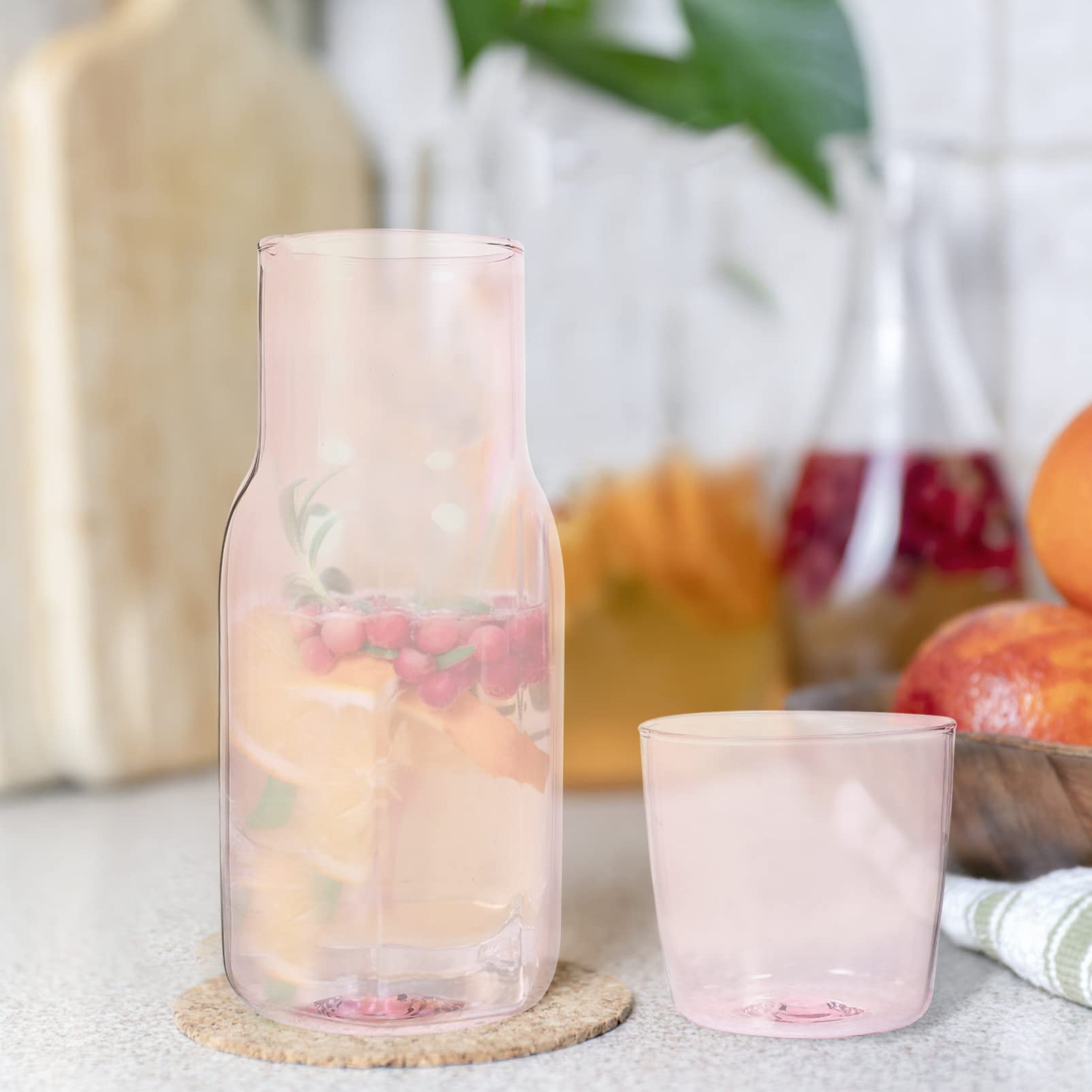 DOITOOL Pink Nightstand Water Set - 520ml Glass Pitcher with Tumbler for Bedside, Perfect for Water, Iced Tea, Lemonade & Juice - Ideal for Bedroom, Office, or Gift