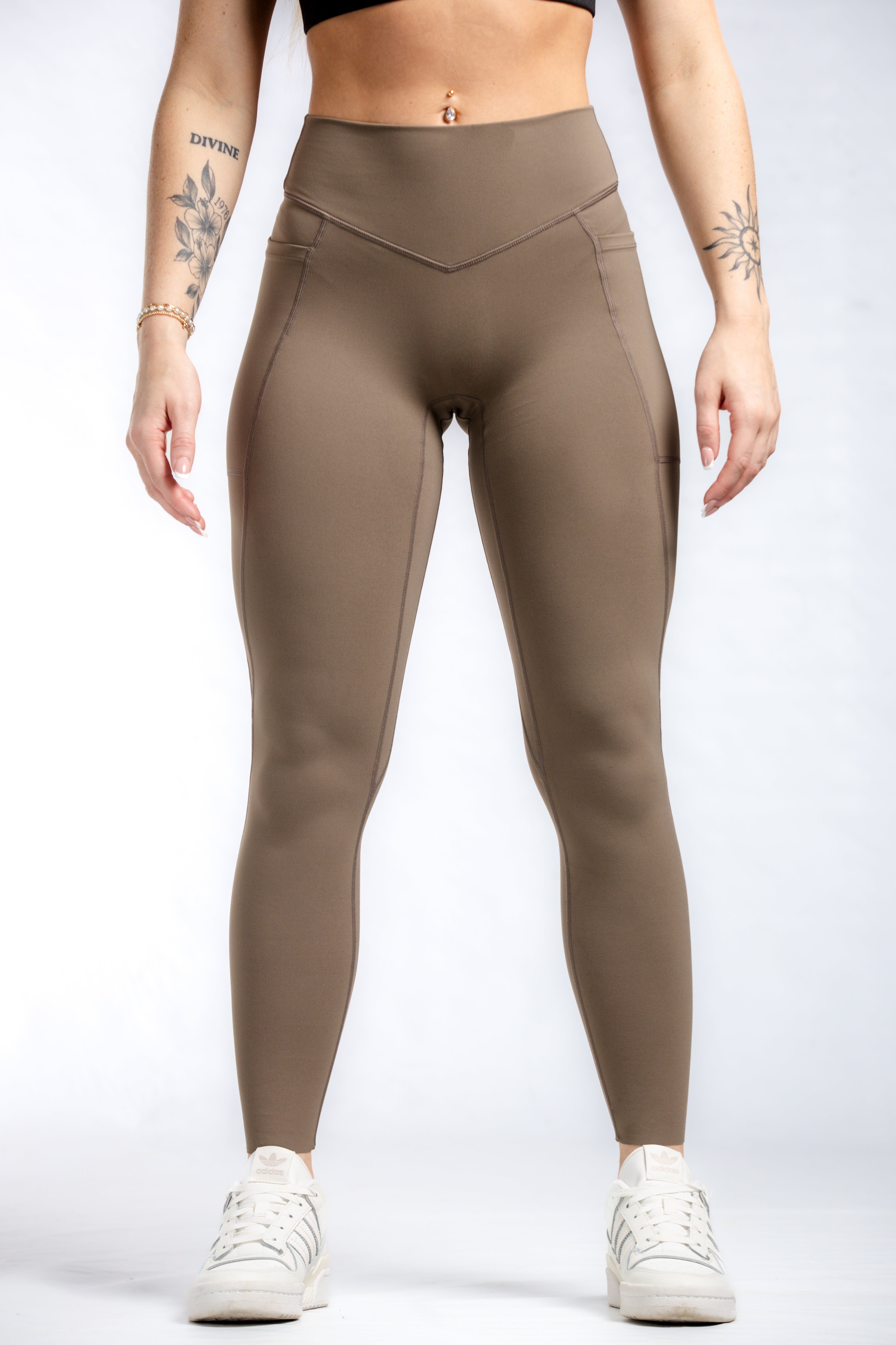 NKD Women's Mid Waist Leggings with Pockets - Battlefield Brown | Yoga, Running, Workout & Everyday Wear