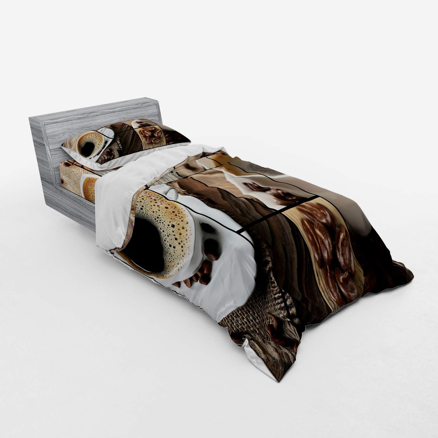 Ambesonne Brown Duvet Cover Set - Coffee Themed Collage with Mugs & Beans on Wooden Table - Aromatic Roasted Espresso Design - 3 Piece Bedding Set (Duvet Cover, Sham, Fitted Sheet) - Twin XL Size - Perfect for Coffee Lovers' Bedroom Decor & Cozy Home Styling