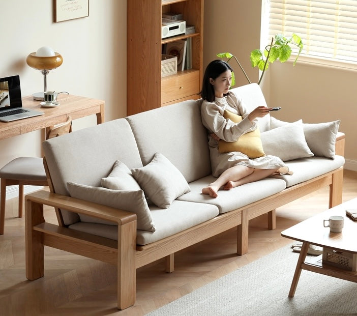 Modern Nordic Fabric Sofa - Solid Oak Wood Frame - Stylish & Durable Living Room Furniture for Small Spaces & Apartments