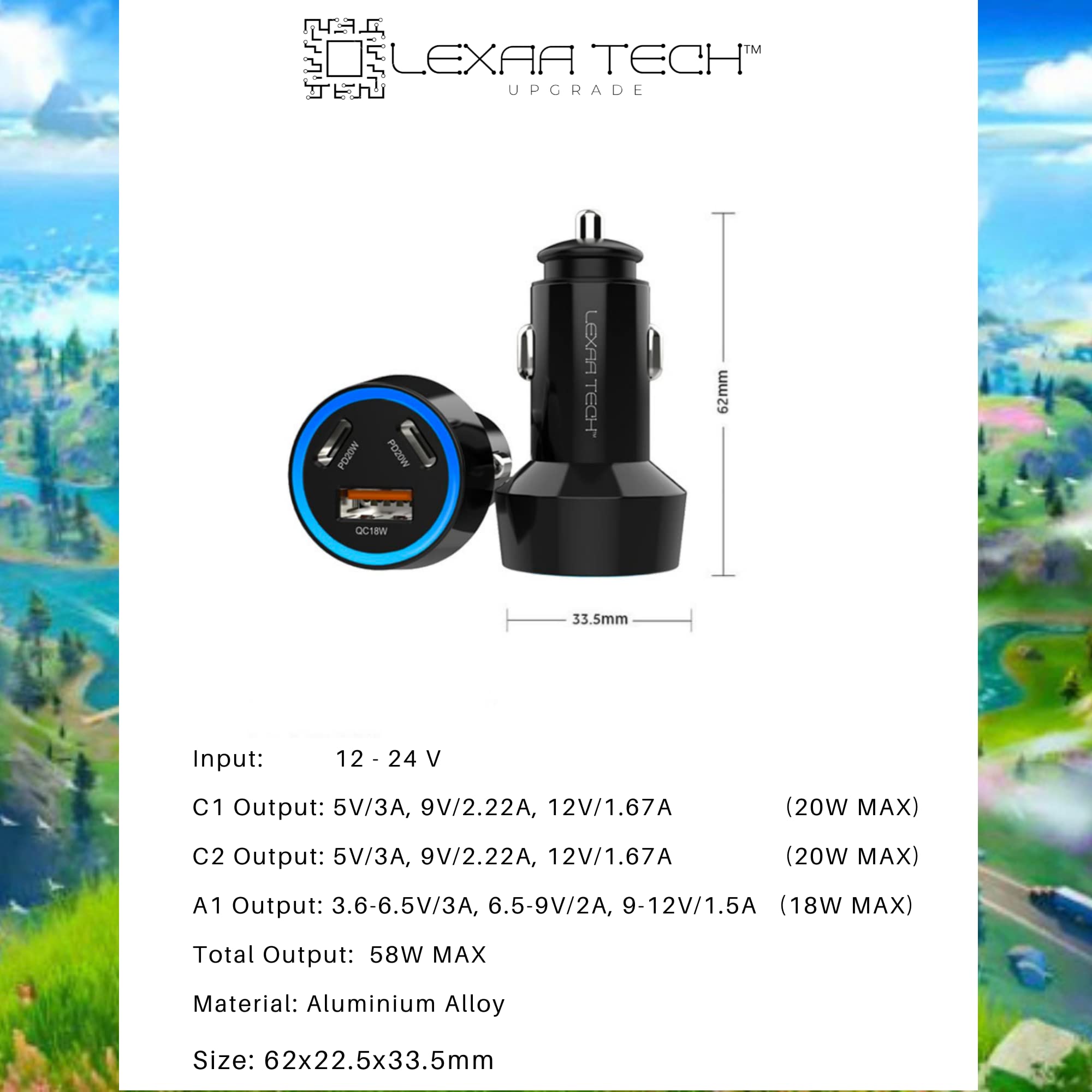 LEXAA TECH 58W USB C Car Charger Fast Charger - Dual Port PD QC 3.0 Car Adapter for iPhone 16/15/14/13/12 Pro Max/X/XR/XS, Samsung Galaxy S24/S23/S22/S21/Note 20/10, Google Pixel - Perfect for Road Trips & Daily Commuting