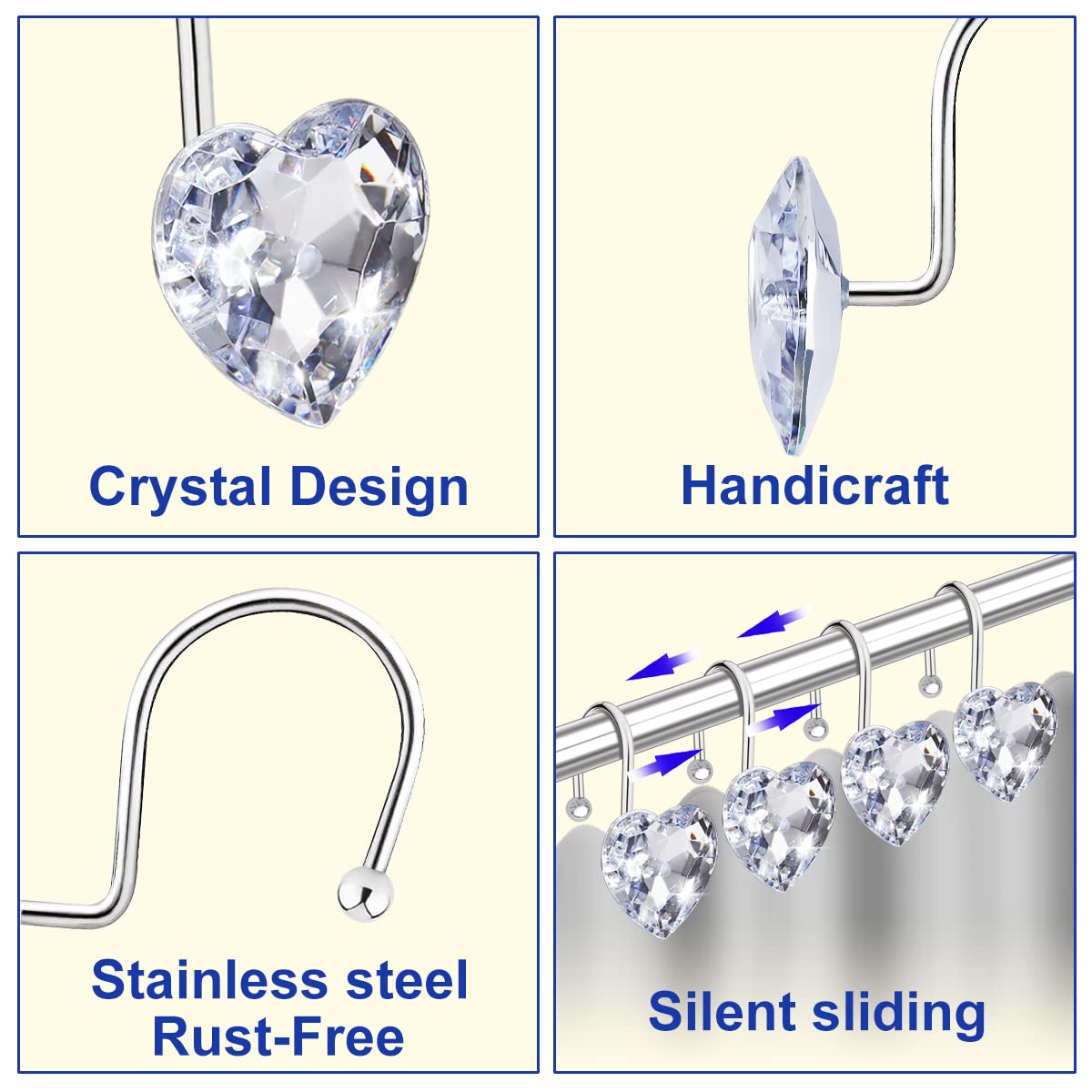 12PCS Valentine's Day Heart Shower Curtain Hooks - Stainless Steel Rust-Resistant Bathroom Rings with Rhinestones for Shower Curtains & Clothing - Perfect for Romantic Bathroom Decor & Gift Giving