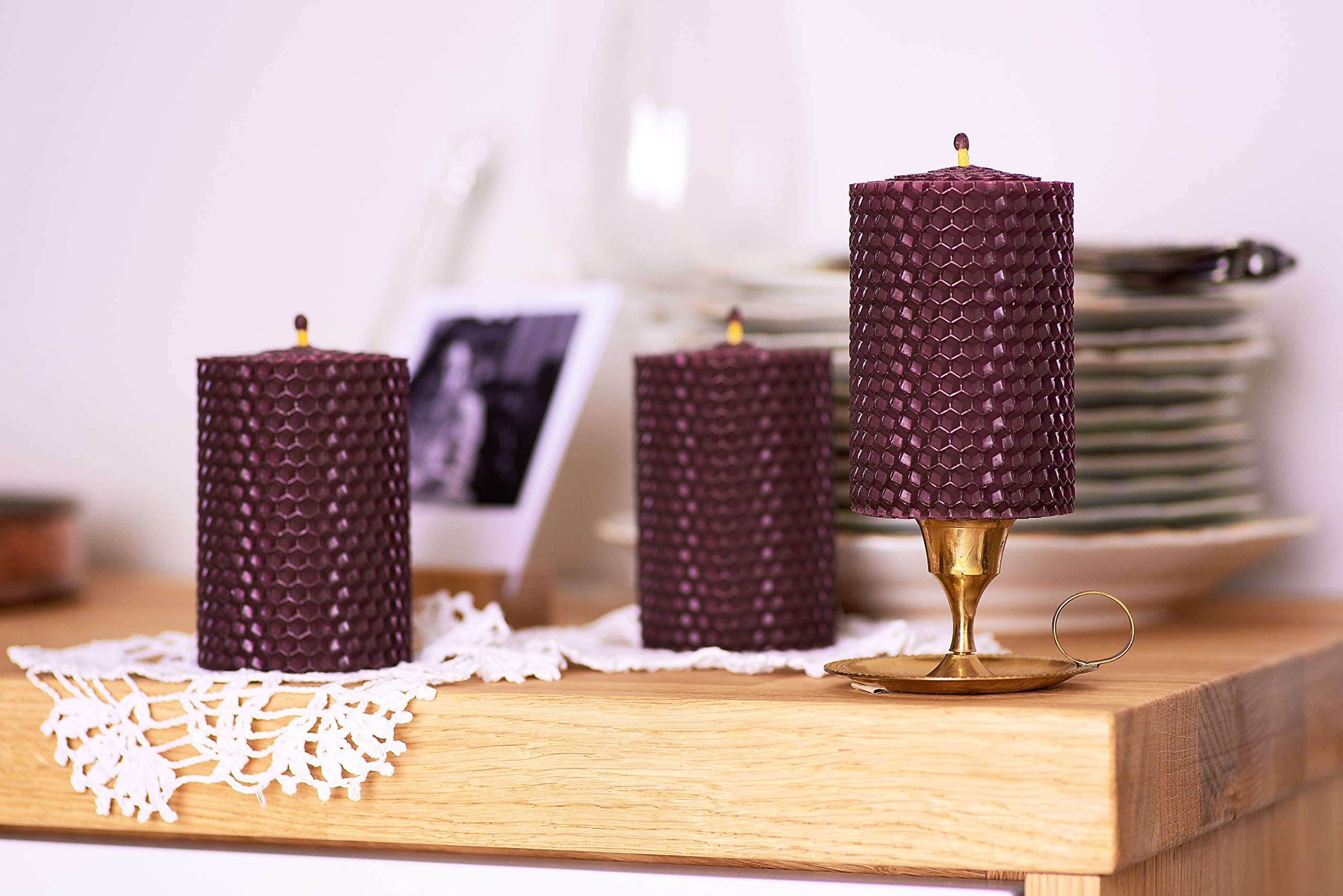Beeswax Candles Set of 3 - Natural Honey Scented Pillar Candles for Home Decor & Gifts
