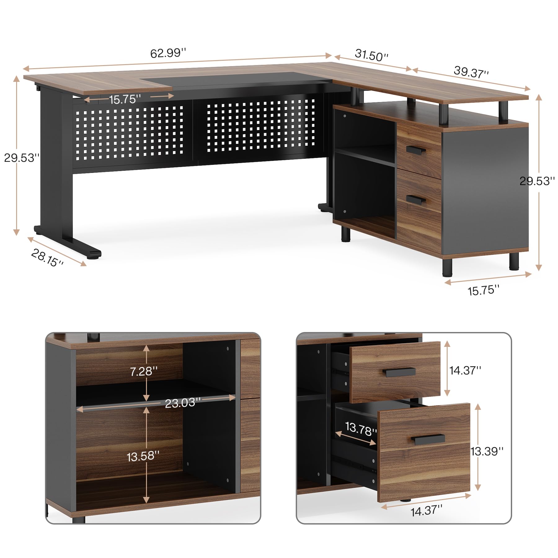 Tribesigns 63 Inch L-Shaped Executive Desk with File Cabinet & Storage Shelves - Large Office Computer Desk with Drawers for Home Office Workstation (Brown & Black) | Perfect for Small Spaces & Remote Work